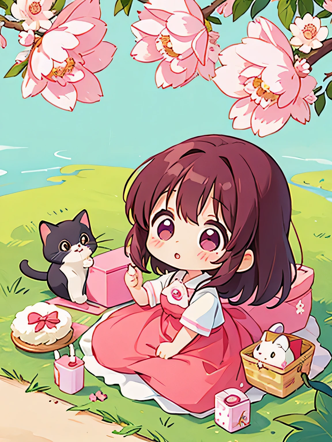 Momoko Sakura style, Kawaii Design, The most beautiful girl of all time.、Chibi, picnic, gatitos, cabello largo rosa, ojos morados