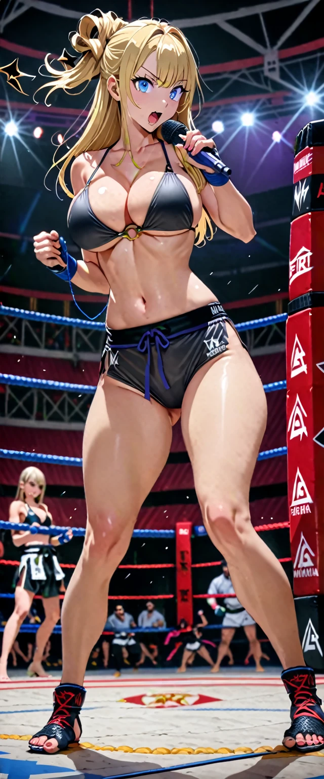 ((masterpiece)), ((high quality)), ((super detailed)), ((high resolution)) ,((8k)), a beautiful woman, ((She is one of the most famous female Gravure actress in the world.)), unparalleled beauty, ((huge breast)), ((large ass)), ((deep cleavage)), slim waist, chest out, ultra detailed face, perfect skin, (((Half-up hairstyle, Blonde straight hair))), blue eyes,  detailed eyes, whole body image, (((anime))), ((glamorous)), 24 years old, ((incredibly beautiful woman)), ((The I cup bust)),  ((((sling bikini ring wear, See-through innerwear)))),  ((beautiful breasts)), beautiful legs, 8 life size, anime, the most beautiful and strongest, ((charm)), ((Half Japanese and half British)), ((Grown-up face)), ((Open Finger Gloves, Five fingers)),  (((Women's mixed martial arts,  A fighting arena))), ((Bewitching)), ((Microphone Performance, Top mixed martial arts fighters)),