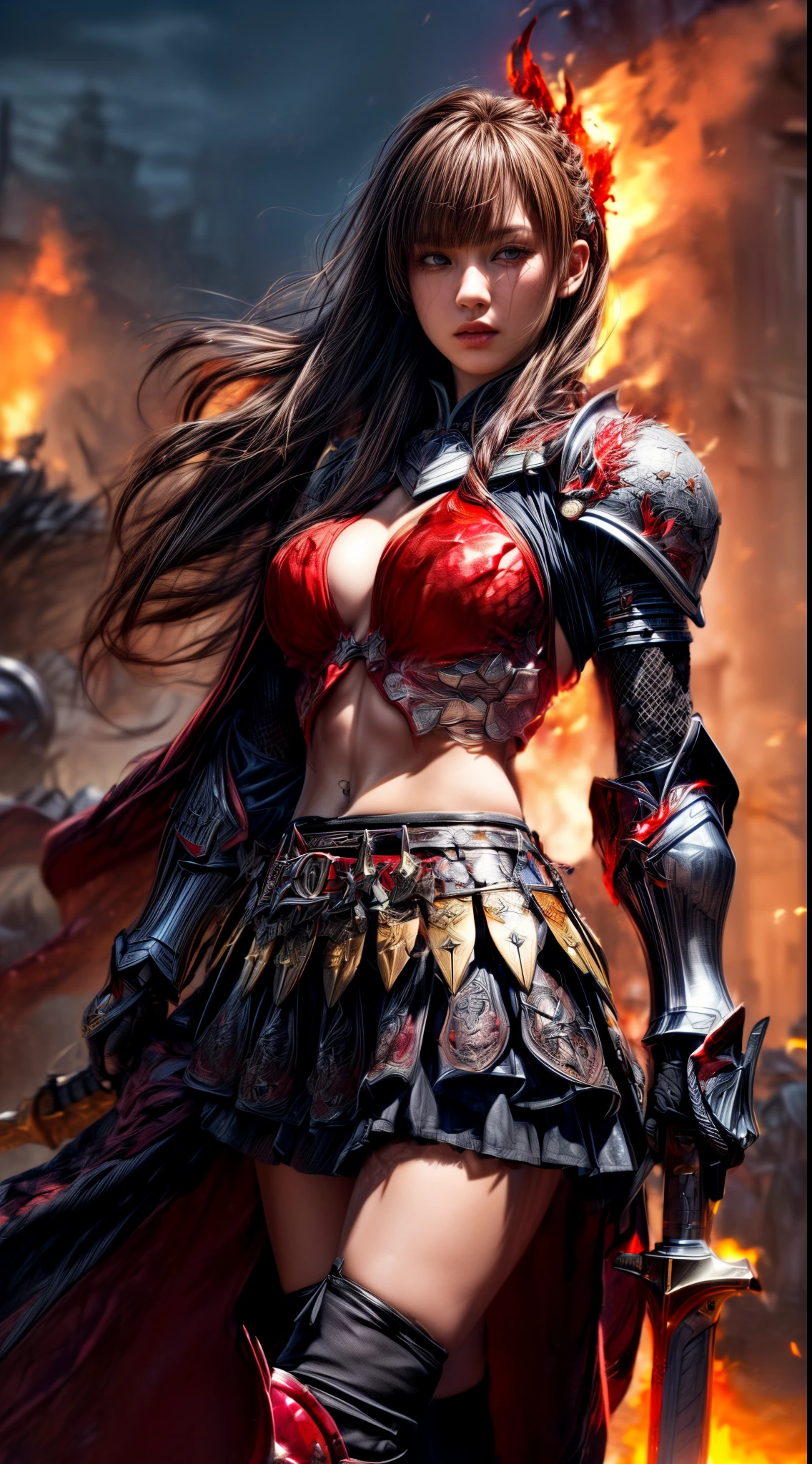 Very beautiful woman、Slender women、(Detailed face)、Realistic Skin、((Knight of Fire)), (((Crimson armor:1.25)))、((((非常に繊細で繊細な装飾が施されたCrimson armor:1.5))))、((Delicate photo)),(Girl Astepeace RAW Photo Details:1.25), (highest quality:1.6), (超A high resolution:1.5), (Realistic:1.75), 8K resolution, Canon EOS R5, 50mm, Absurd, Ultra-detailed,Cinema Lighting,Battlefields of Medieval Europe、((battle))、RPG World、Final Fantasy、(((Embellished skirt)))、Thigh-high socks、Shin Guards、night、((too long bangs))、((One long thick dark red hair braid))、(Six-pack)、Torn Cloak、Beautiful Armor、(((Giant Sword)))、In combat、The wind is blowing、(((Inferno filling the entire area)))、(((Leading a large group of red knights)))、(((Knight Commander)))、Armor with a Phoenix motif、Old scar on right cheek:1.2、(((Fire blaze)))、(((Intense action scenes)))、(((Crimson Phoenix)))
