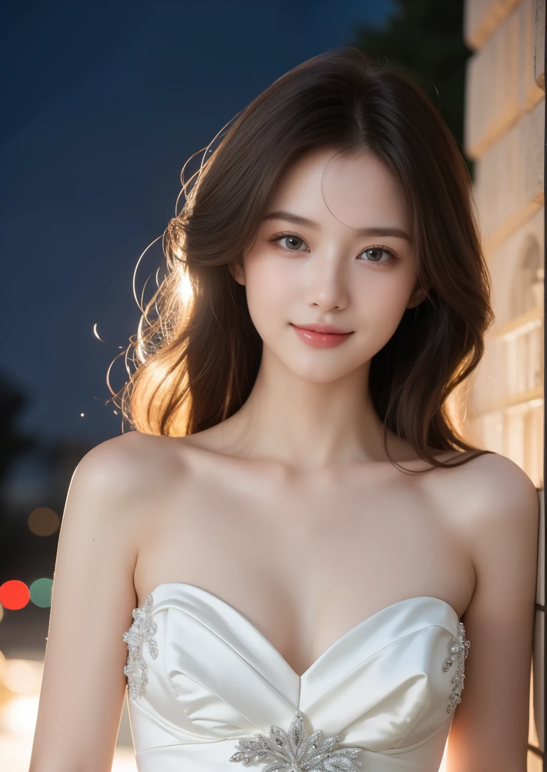 Beautiful 25 year old skinny woman。She is wearing a wedding dress. She is smiling on illuminated by the evening church lights on the romantic sunset time. her dark brown hair. High resolution、masterpiece、highest quality、頭w:1.0、((Hasselblad Photos))、fine skin、(movie lighting)、clavicle . full body picture.