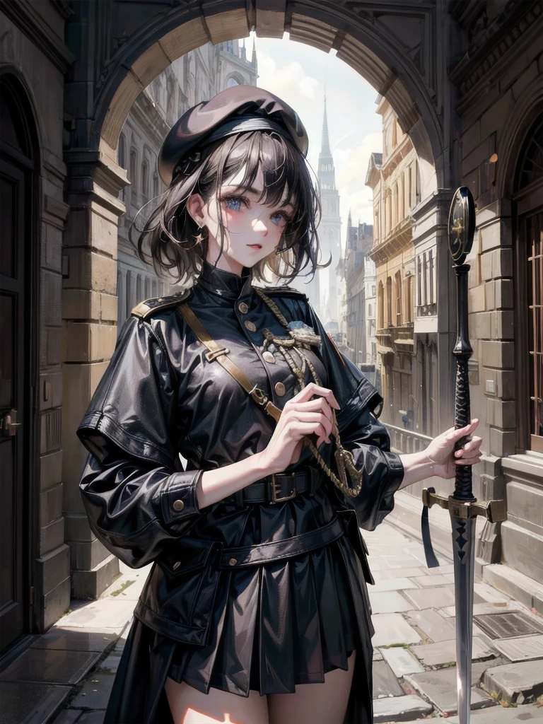 whole body, beret, skirt, military uniform, holding a sword, A beautiful night landscape, (in Forgotten Place), absurdres, RAW photo, extremely delicate and beautiful, masterpiece, Best Quality, ultra high resolution, 32k, hyperrealistic, ultra-detailed, perfect figure, perfect shape, detailed description, pale skin, 20 years old, detailed beautiful face and eyes, tearful mole, earring, short medium hair, wavy hair,