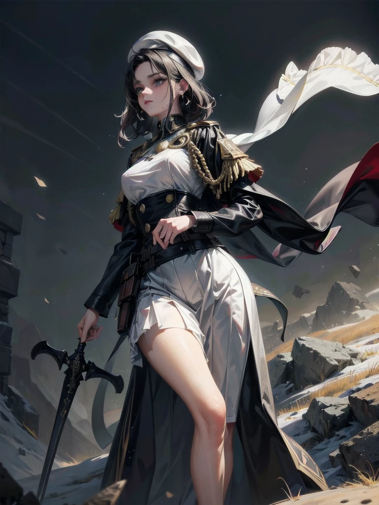 whole body, beret, skirt, military uniform, holding a sword, A beautiful night landscape, (in Forgotten Place), absurdres, RAW photo, extremely delicate and beautiful, masterpiece, Best Quality, ultra high resolution, 32k, hyperrealistic, ultra-detailed, perfect figure, perfect shape, detailed description, pale skin, 20 years old, detailed beautiful face and eyes, tearful mole, earring, short medium hair, wavy hair,