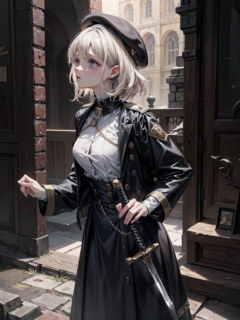whole body, beret, skirt, military uniform, holding a sword, A beautiful night landscape, (in Forgotten Place), absurdres, RAW photo, extremely delicate and beautiful, masterpiece, Best Quality, ultra high resolution, 32k, hyperrealistic, ultra-detailed, perfect figure, perfect shape, detailed description, pale skin, 20 years old, detailed beautiful face and eyes, tearful mole, earring, short medium hair, wavy hair,