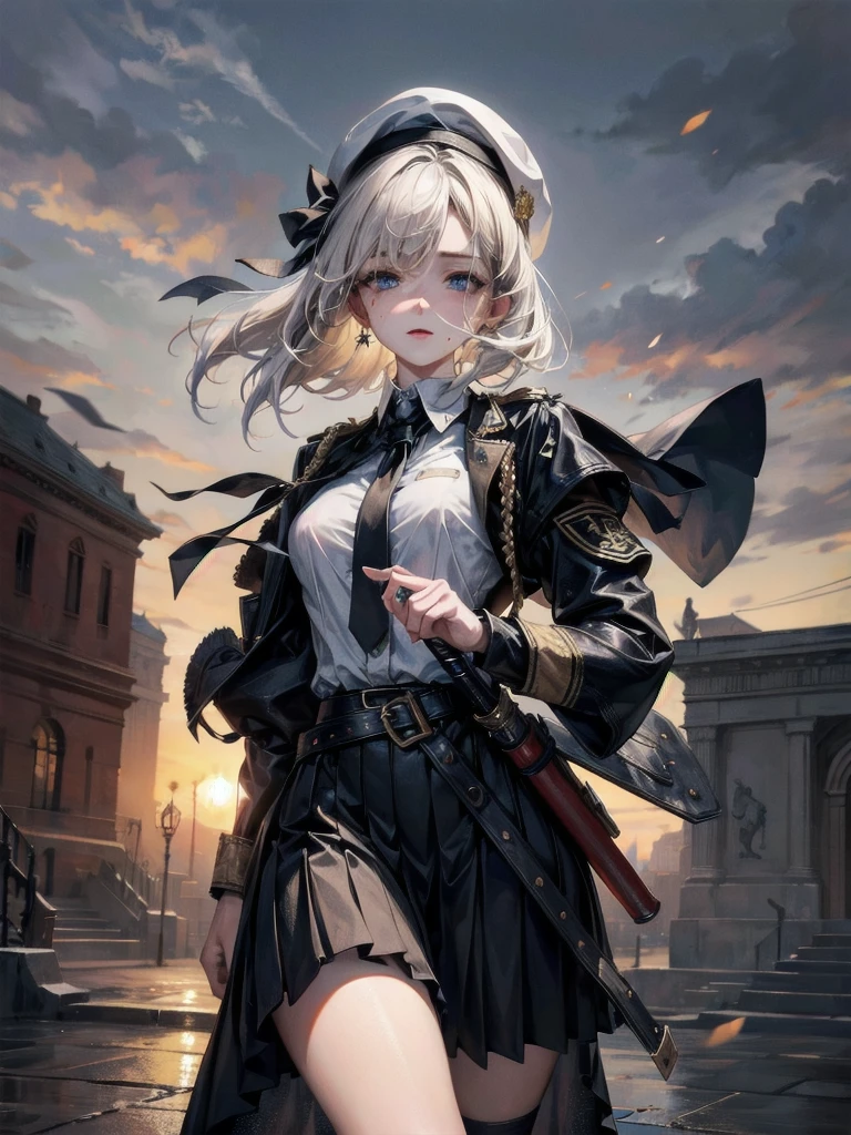 whole body, beret, skirt, military uniform, holding a sword, A beautiful night landscape, (in Forgotten Place), absurdres, RAW photo, extremely delicate and beautiful, masterpiece, Best Quality, ultra high resolution, 32k, hyperrealistic, ultra-detailed, perfect figure, perfect shape, detailed description, pale skin, 20 years old, detailed beautiful face and eyes, tearful mole, earring, short medium hair, wavy hair,