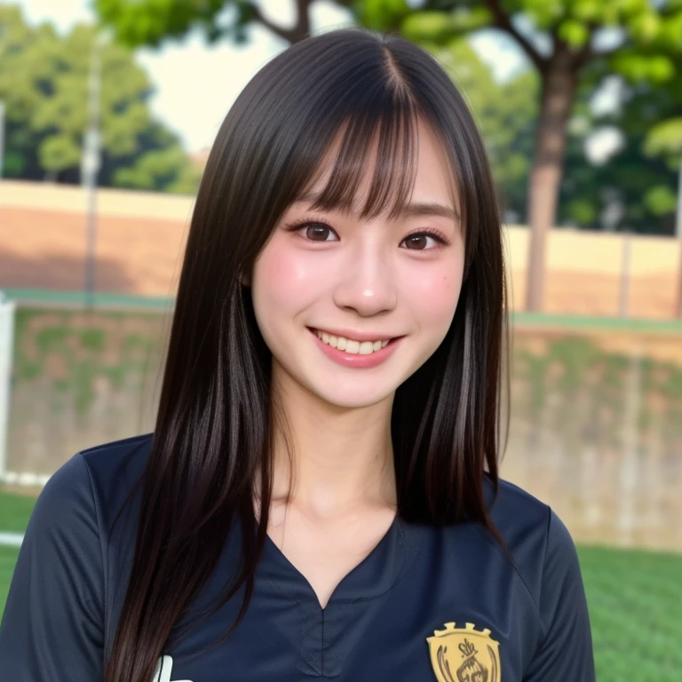 (kawaii 24 year-old Japanese girl, Nogizaka idol, Korean idol, soccer player), healthy female athlete body, (glossy black hair, very short hair, bangs:1.3), beautiful black eyes, rounded face, single eyelid, (no makeup:1.2), (big laughing:1.2), (soccer uniform:1.3), extra small breasts, BREAK, (turf in the park, summer daytime:1.2), (dynamic angle, bust shot:1.2), BREAK, (masterpiece, best quality, photo realistic, official art:1.4), (UHD, 8K quality wallpaper, high resolution, raw photo, golden ratio:1.3), (shiny skin), professional lighting, physically based rendering, award winning, (highly detailed skin texture, extremely detailed face and eyes textures), Carl Zeiss 85 mm F/1.4, depth of field, (1girl, solo),