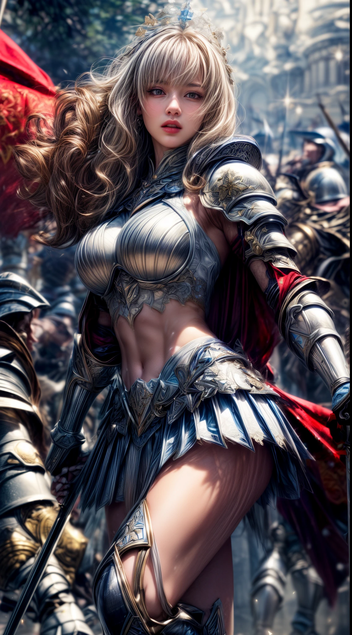 Very beautiful woman、Slender women、(Detailed face)、Realistic Skin、((holy knight)), ((Pearl White Armor))、((((White armor with very delicate and delicate decorations:1.5))))、((Delicate photo)),(Girl Astepeace RAW Photo Details:1.25), (highest quality:1.6), (超A high resolution:1.5), (Realistic:1.75), 8K resolution, Canon EOS R5, 50mm, Absurd, Ultra-detailed,Cinema Lighting,((battlefield))、((battle))、(((White skirt with embellishments)))、Thigh-high socks、Shin Guards、((Blonde))、((Curly Hair))、((Drill Hair))、((Wavy short hair with bangs,))、(I can see your ripped abs)、Cape、Beautiful Armor、(((Has a huge weapon)))、(In combat)、((Symmetrical Armor))、((((Light shines in))))、(((Leading a large group of knights:1.2)))、Banner、Mark of the Goddess、(((Battle Scene)))、(((Goddess of the White Light)))