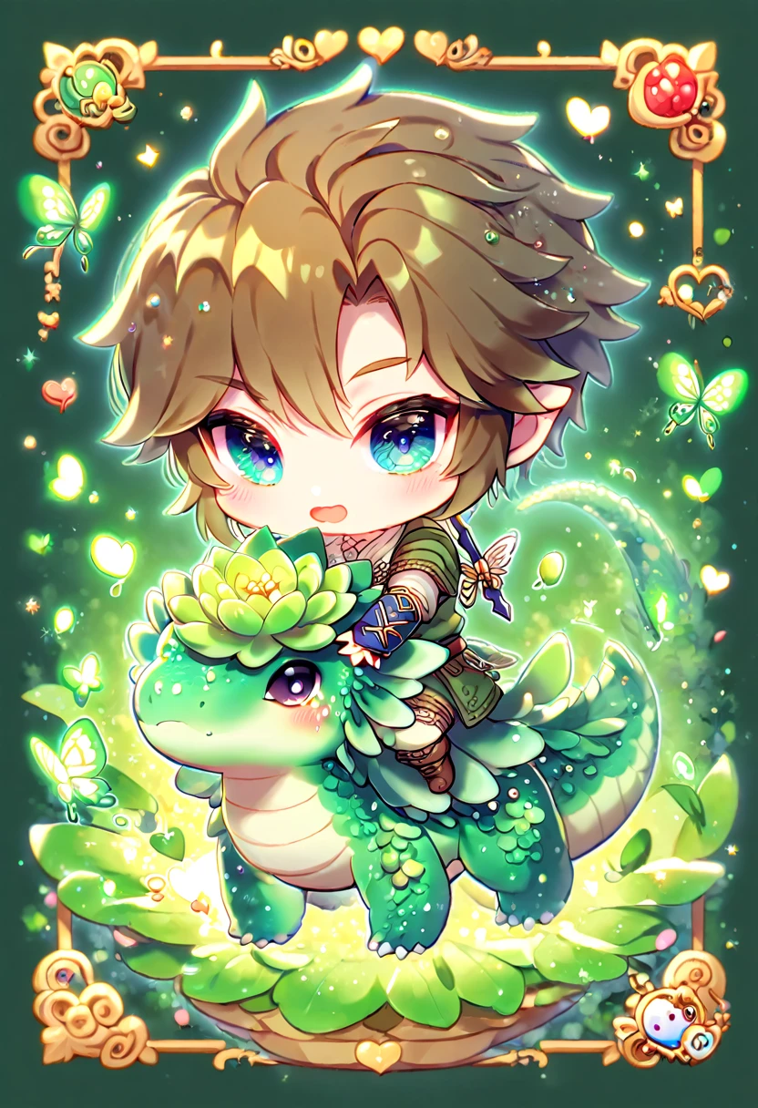 Ultra detailed, HDR, Highres, absurdres, master piece, Link chibi, brown hair, expressive blue eyes, green clothes, The Legend Of Zelda (twilight Princess), emerald glittering butterflies, petals, emerald green lotus, cute, magical, man, extremely detailed face and eyes, glittering, fantasy, hugging a emerald green dragon, love, green emerald background, perfect face, best quality,