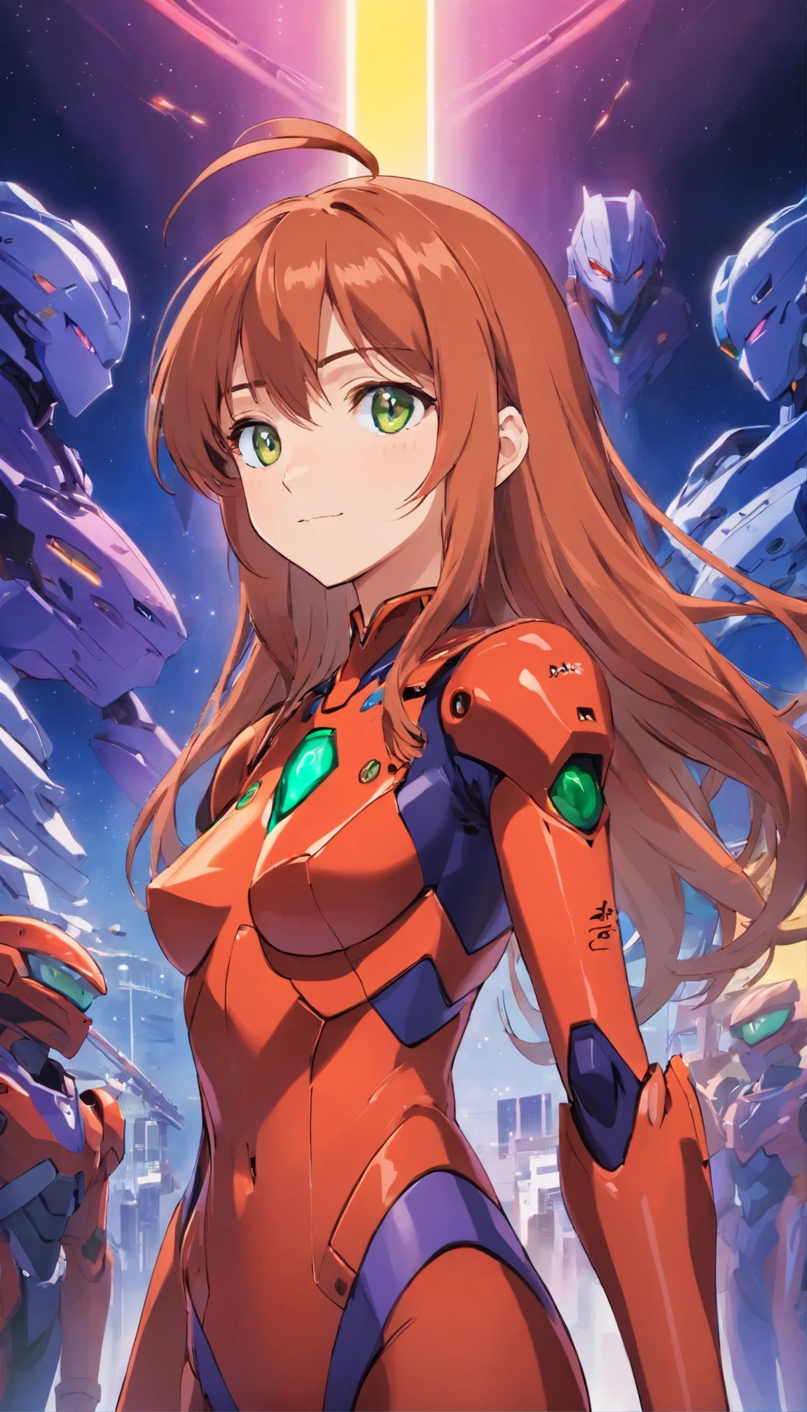 with high definition images,Anime Images, Anime girl standing alone in a Neon Genesis Evangelion scene、Introducing 19-year-old Asuka Langley。Short, stylish bangs frame her detailed hazel brown eyes.、Wears a high-definition red armored costume featuring the plug suit。Her medium-sized bust is hidden by a red armored suit.、She looks straight at the audience and smiles confidently.。It has a surreal atmosphere。In the background is Evangelion III.The unit is standing