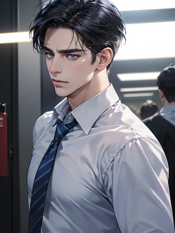 (best quality, masterpiece, 8K, photorealistic, cinematic lighting, hdr image, ultra detailed, beautiful image), 1 man, 31 years old, mature man, very handsome, (without expression, serious), short black hair, blue eyes ( penetrating gaze), imposing posture, businessman, office background
