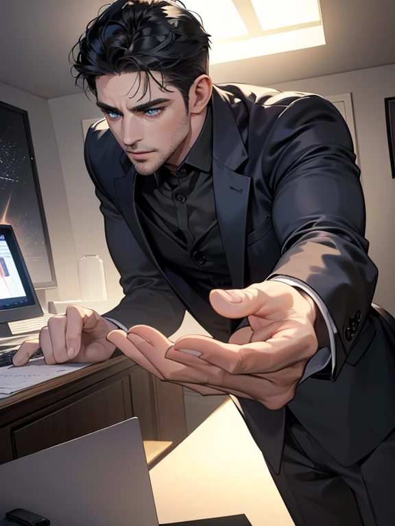 (best quality, masterpiece, 8K, photorealistic, cinematic lighting, hdr image, ultra detailed, beautiful image), 1 man, 31 years old, mature man, very handsome, (without expression, serious), short black hair, blue eyes ( penetrating gaze), imposing posture, businessman, office background