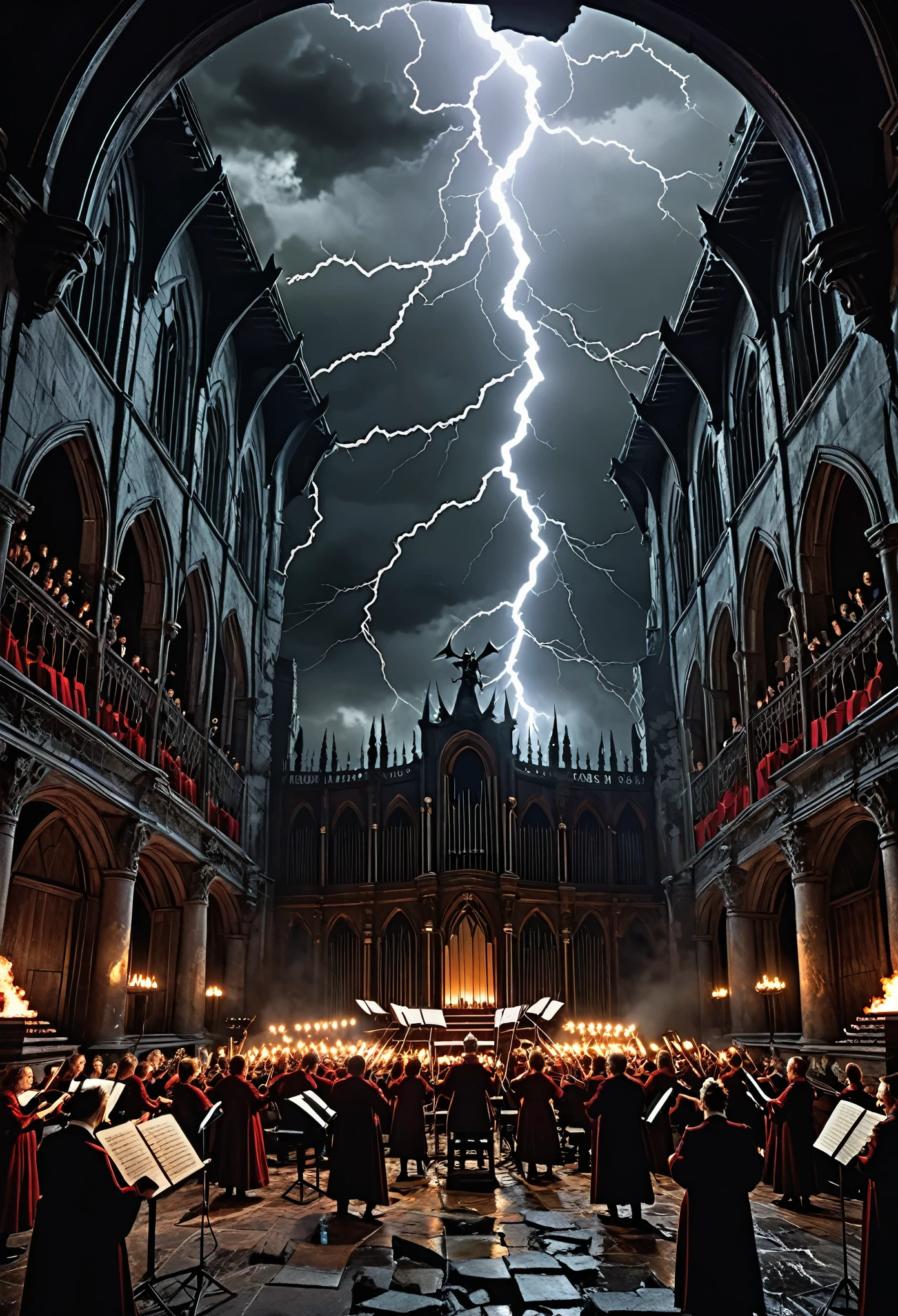 best quality, super fine, 16k, incredibly absurdres, extremely detailed, delicate and dynamic, Devil's Choir and Orchestra, Dark Horror Fantasy, Dark, Scary, Lightning, Cracks, Collapse, End of the World, Fleeing
