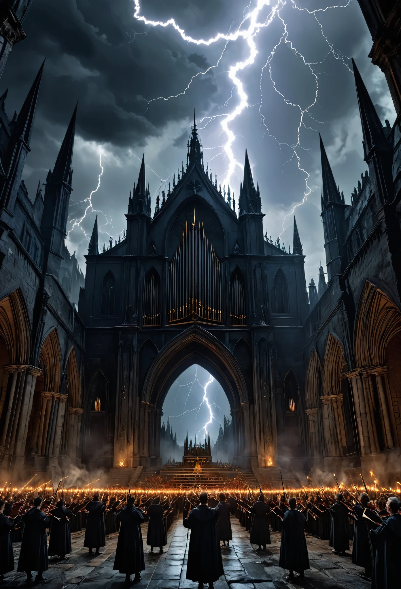 best quality, super fine, 16k, incredibly absurdres, extremely detailed, delicate and dynamic, Devil's Choir and Orchestra, Dark Horror Fantasy, Dark, Scary, Lightning, Cracks, Collapse, End of the World, Fleeing