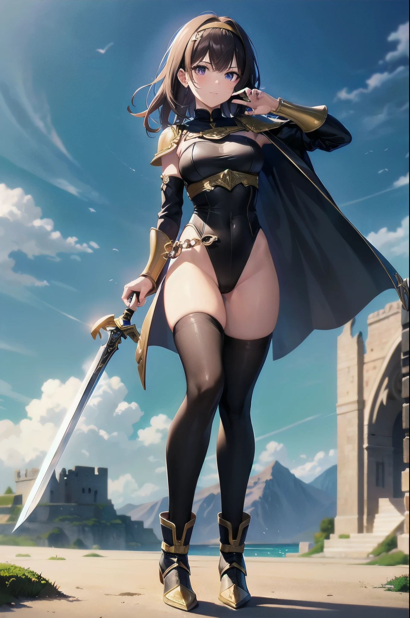 masterpiece, best quality, solo focus, 1girl, 22 years old, brown hair, (wavy hair, short hair), gold headband, purple eyes, beautiful detailed eyes, (gold medieval armor), (eagle (symbol) on chest), gauntlets, (leotard, black leotard, matching leotard, bare legs), (thighhigh leggings, boots, matching boots), standing, legs straight, perfect hands, (holding broad sword), mountain base backdrop, (ruined castle, ruins), solo, (perfect anatomy), (full body shot), cowboy shot.