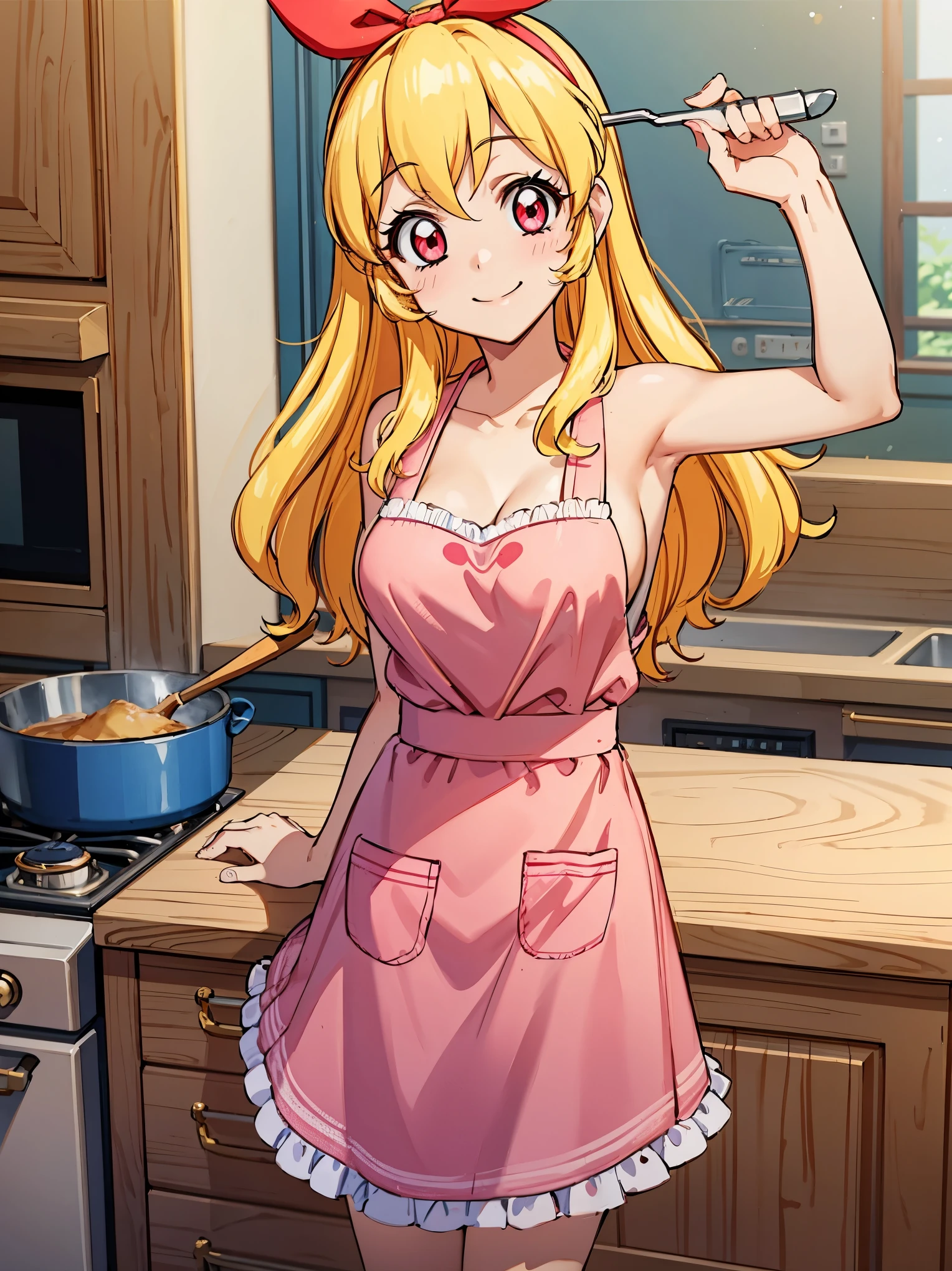 aikatsu,Blonde_HAIR,RED_HAIR_band,masterpiece,{a cartoon character is posing in kitchen wearing an apron and a dress, 1girl, hoshimiya ichigo, apron, blonde hair, long hair, breasts, solo, smile, naked apron, large breasts, cleavage, ladle, stove, looking at viewer, blush, kitchen, pink apron