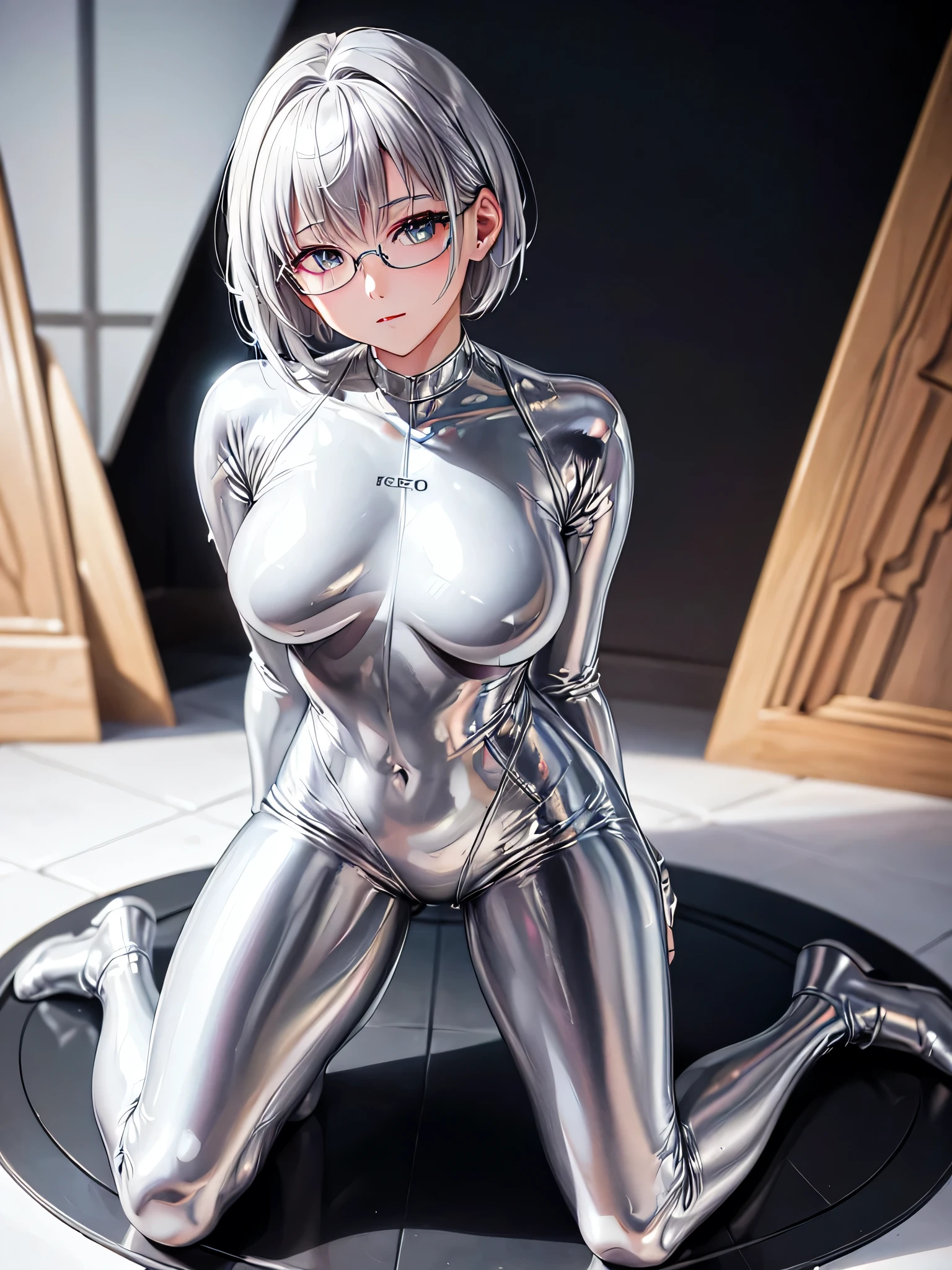 Highest quality 8K UHD、Mastepiece、Close-up、short hair、M-shaped legs、Kneeling、Silver Hair、Glasses、Shiny silver tights、A beautiful woman wearing a full-body silver metallic suit、Full body silver metallic rubber suit