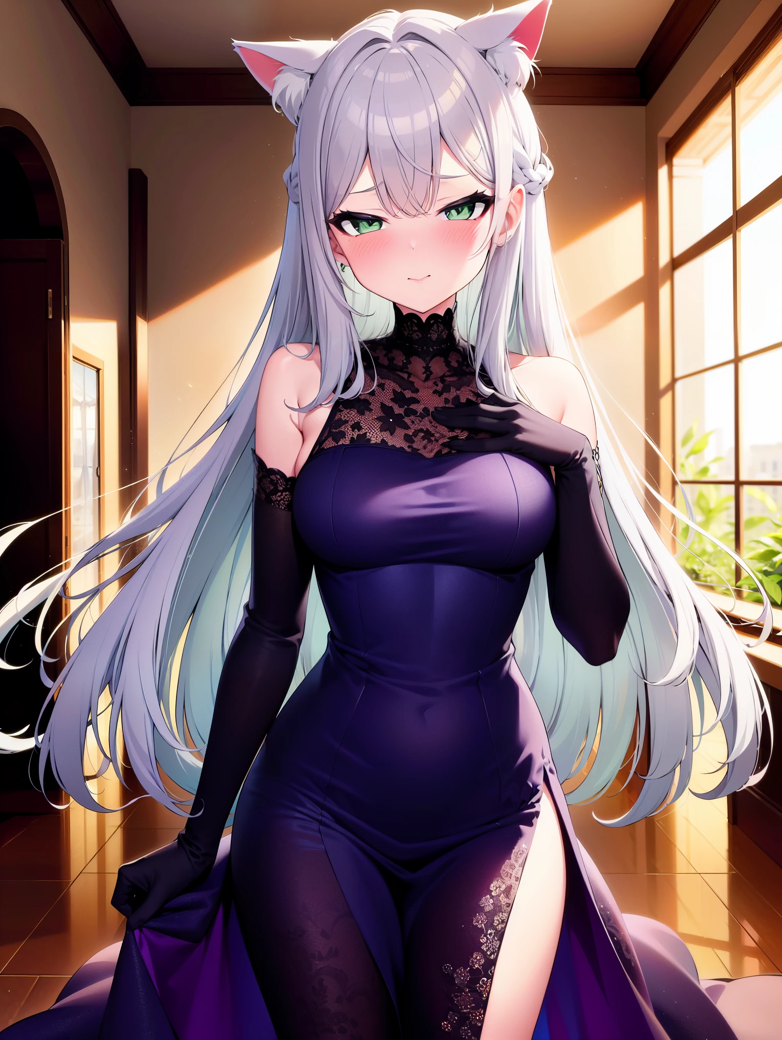 (cowboy shot), (colorful:1.1), vibrant color, (ultra-high resolution, depth of field:1.2), (1woman), (adult), in her 20s, (medium breasts), (green eyes), (silver hair:1.2), cat ears, wavy hair, (long hair:1.3), (french braid:1.2), (gala dress:1.2), (wearing a gala dress:1.2), frills, (cat tail), (long lace gloves), (elegant ballroom scenery:1.2), gentle smile, (blushing)