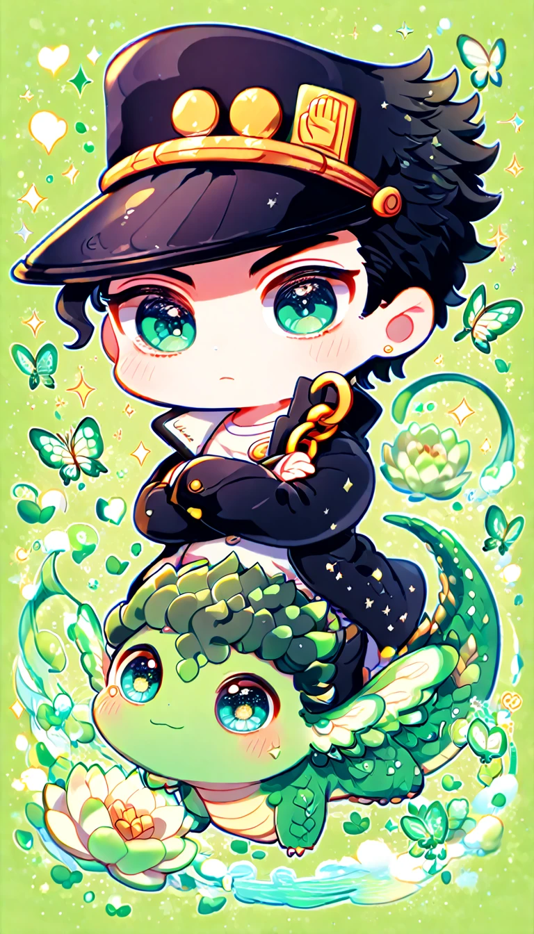 absurdres, highres, ultra detailed, HDR, master piece, best quality, Jotaro Kujo chibi, black hair, expressive green eyes, jojo's bizarre adventure, cute, hugging a green dragon, black jacket, white shirt, black hat, patterns, magical, fantasy, green background, green lotus, shining, green petals, green sparkling butterflies, green water