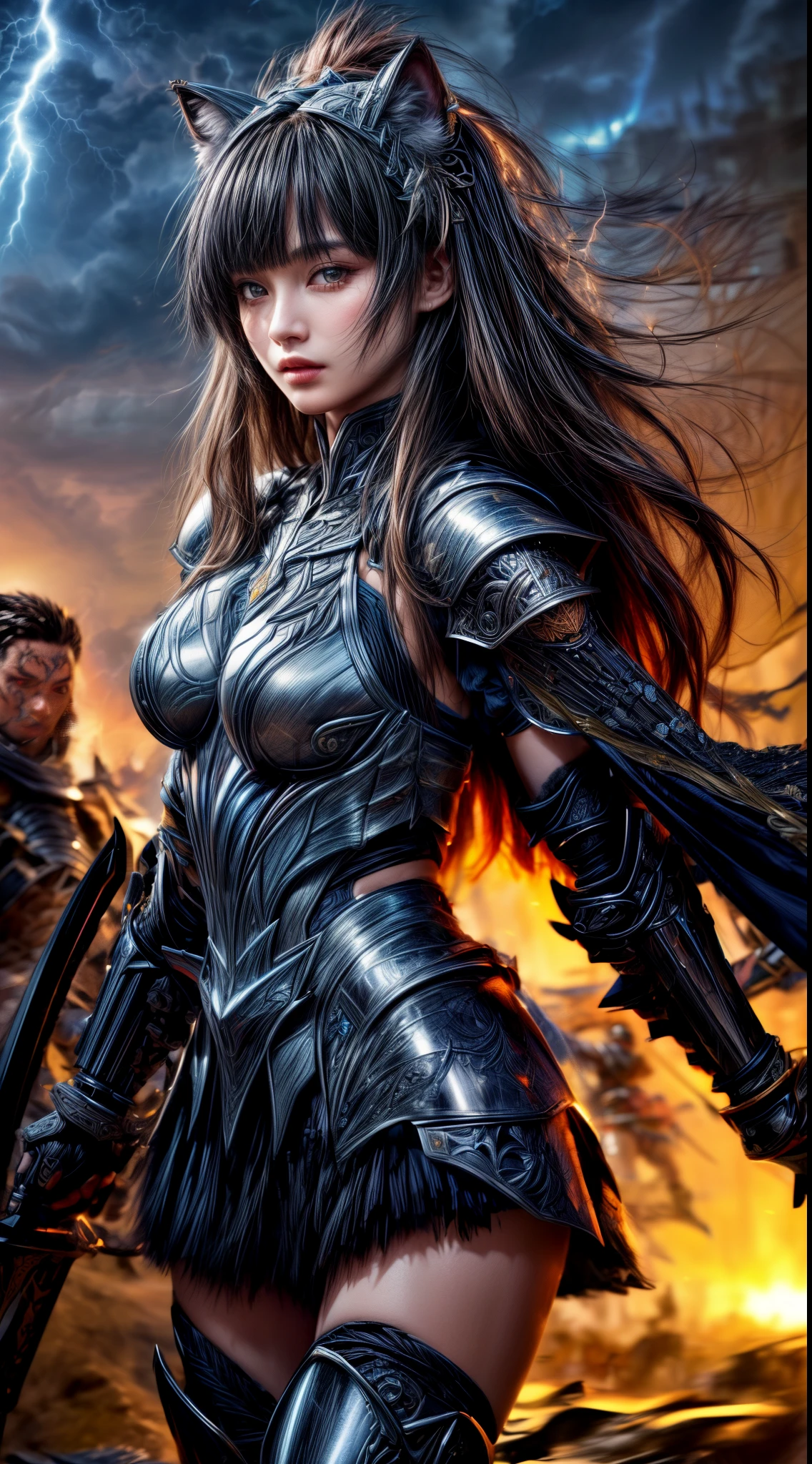 Cowboy Shot、Very beautiful woman、Slender women、(Detailed face)、Realistic Skin、((Lightning Knight)), (Ebon Armor)、((((Jet black armor with extremely intricate and detailed decorations.:1.5))))、((Delicate photo)),(Girl Astepeace RAW Photo Details:1.25), (highest quality:1.6), (超A high resolution:1.5), (Realistic:1.75), 8K resolution, Canon EOS R5, 50mm, Absurd, Ultra-detailed,Cinema Lighting,Battlefields of Medieval Europe、((battle))、RPG World、Final Fantasy、(((Embellished skirt)))、Thigh-high socks、Shin Guards、night、((Long hair with bangs,))、(Six-pack)、Torn Cloak、Beautiful Armor、(((Giant Sword)))、In combat、The wind is blowing、((Asymmetrical Armor:1.5))、(((thunderstorm)))、((Knight Commander))、(((Leading a large group of black knights)))、Banner、Wolf Pattern:1.5、(((Battle Scene)))、(((Dark Wolf)))