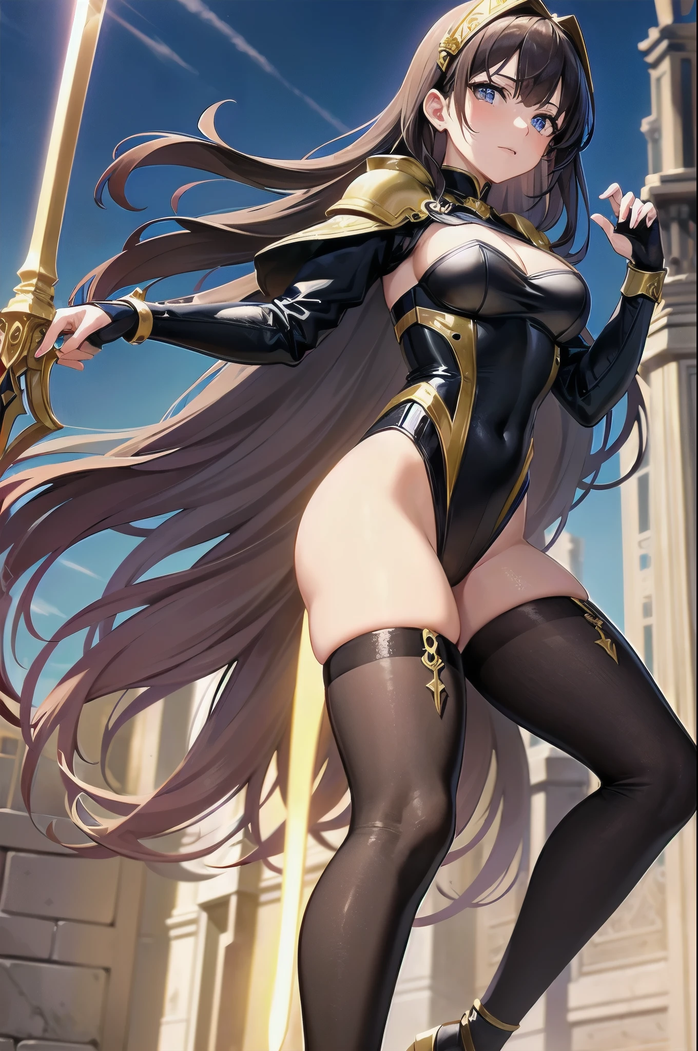 masterpiece, best quality, solo focus, 1girl, 22 years old, brown hair, (wavy hair, short hair), gold headband, purple eyes, beautiful detailed eyes, (gold medieval armor), (eagle (symbol) on chest), gauntlets, (leotard, black leotard, matching leotard, bare legs), (thighhigh leggings, boots, matching boots), standing, legs straight, perfect hands, (holding broad sword), mountain base backdrop, (ruined castle, ruins), solo, (perfect anatomy), (full body shot), cowboy shot.