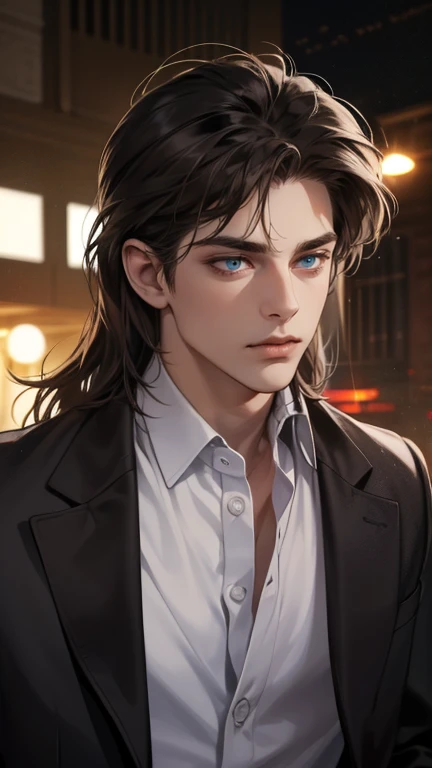 masterpiece, best quality, realistic, 1man, mature male, quiet and charming young man, 25 years old, close his eyes, serious look, extremely detailed face, ((blue bright eyes)), ((dark black mullet messy hair)), bodyguard, ((Dressed in a suit), cinematic lighting, looking at the audience, posture dynamics, Victorian era, (very dark brown skin), ((very dark brown skin), (very dark brown skin)
