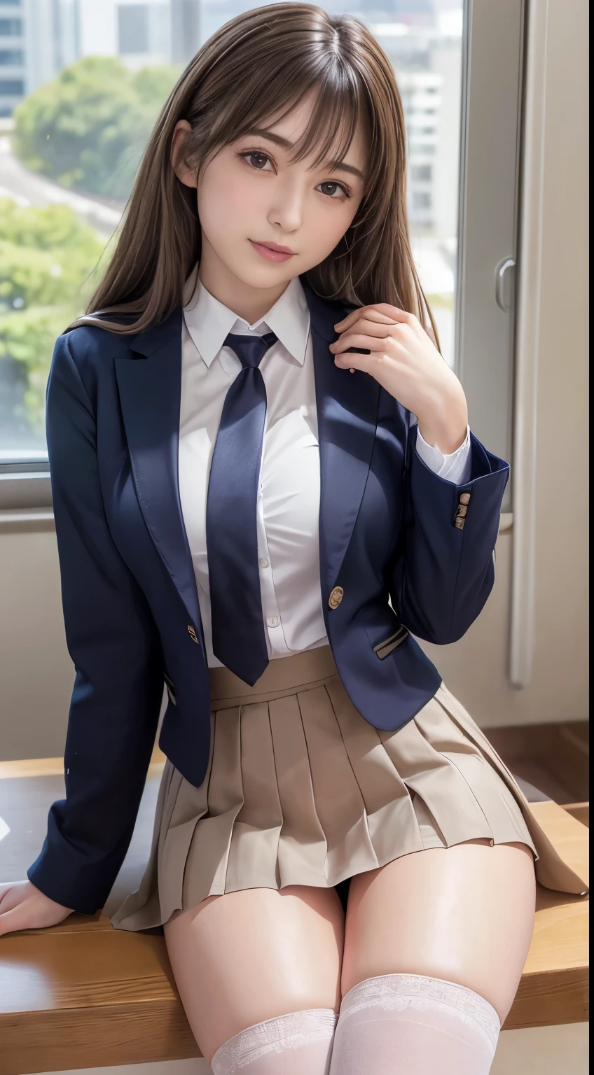 top-quality,ultra - detailed,tmasterpiece,hentail realism,Photorare,Bright lighting,1 girl in, an extremely beautiful -yeld gi (kawaii:1.6),Thin smile, (Brown eyes),(brown haired),(By bangs),perfect glossy shiny skins,flawless skin,((erotick,Sexy and sexually explicit)),((Exact pointers,No discomfort)), large full breasts,big breasts thin waist, looking at viewert,((Blazer Uniform)),((Long sleeve uniform white shirt)),(Navy blue tie),(Blue Mini Pleated Skirt),(((skirt lift by yourself))),(lifted by self),(showing panties),Panties with lace,Panty Focus,(Sit up,Spread your legs apart)), sockes, (Black knee socks),(Loafer shoes), In the daytime,Schools、Classroom、desk work,Horizontal bench seat,