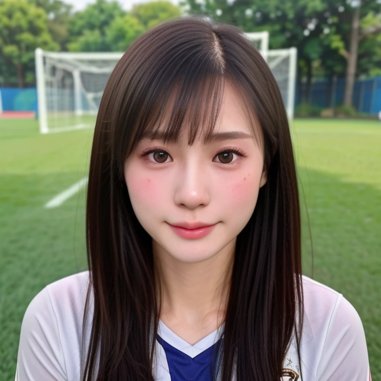 (kawaii 24 year-old Japanese girl, Nogizaka idol, Korean idol, soccer player), healthy female athlete body, (glossy black hair, very short hair, bangs:1.3), beautiful black eyes, rounded face, single eyelid, (no makeup:1.2), (soft smiling:1.2), (soccer uniform:1.3), extra small breasts, BREAK, (turf in the park, summer daytime:1.2), (dynamic angle, bust shot:1.2), BREAK, (masterpiece, best quality, photo realistic, official art:1.4), (UHD, 8K quality wallpaper, high resolution, raw photo, golden ratio:1.3), (shiny skin), professional lighting, physically based rendering, award winning, (highly detailed skin texture, extremely detailed face and eyes textures), Carl Zeiss 85 mm F/1.4, depth of field, (1girl, solo),