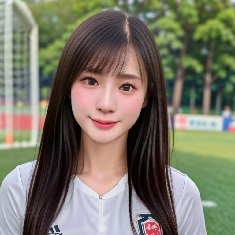 (kawaii 24 year-old Japanese girl, Nogizaka idol, Korean idol, soccer player), healthy female athlete body, (glossy black hair, very short hair, bangs:1.3), beautiful black eyes, rounded face, single eyelid, (no makeup:1.2), (soft smiling:1.2), (soccer uniform:1.3), extra small breasts, BREAK, (turf in the park, summer daytime:1.2), (dynamic angle, bust shot:1.2), BREAK, (masterpiece, best quality, photo realistic, official art:1.4), (UHD, 8K quality wallpaper, high resolution, raw photo, golden ratio:1.3), (shiny skin), professional lighting, physically based rendering, award winning, (highly detailed skin texture, extremely detailed face and eyes textures), Carl Zeiss 85 mm F/1.4, depth of field, (1girl, solo),