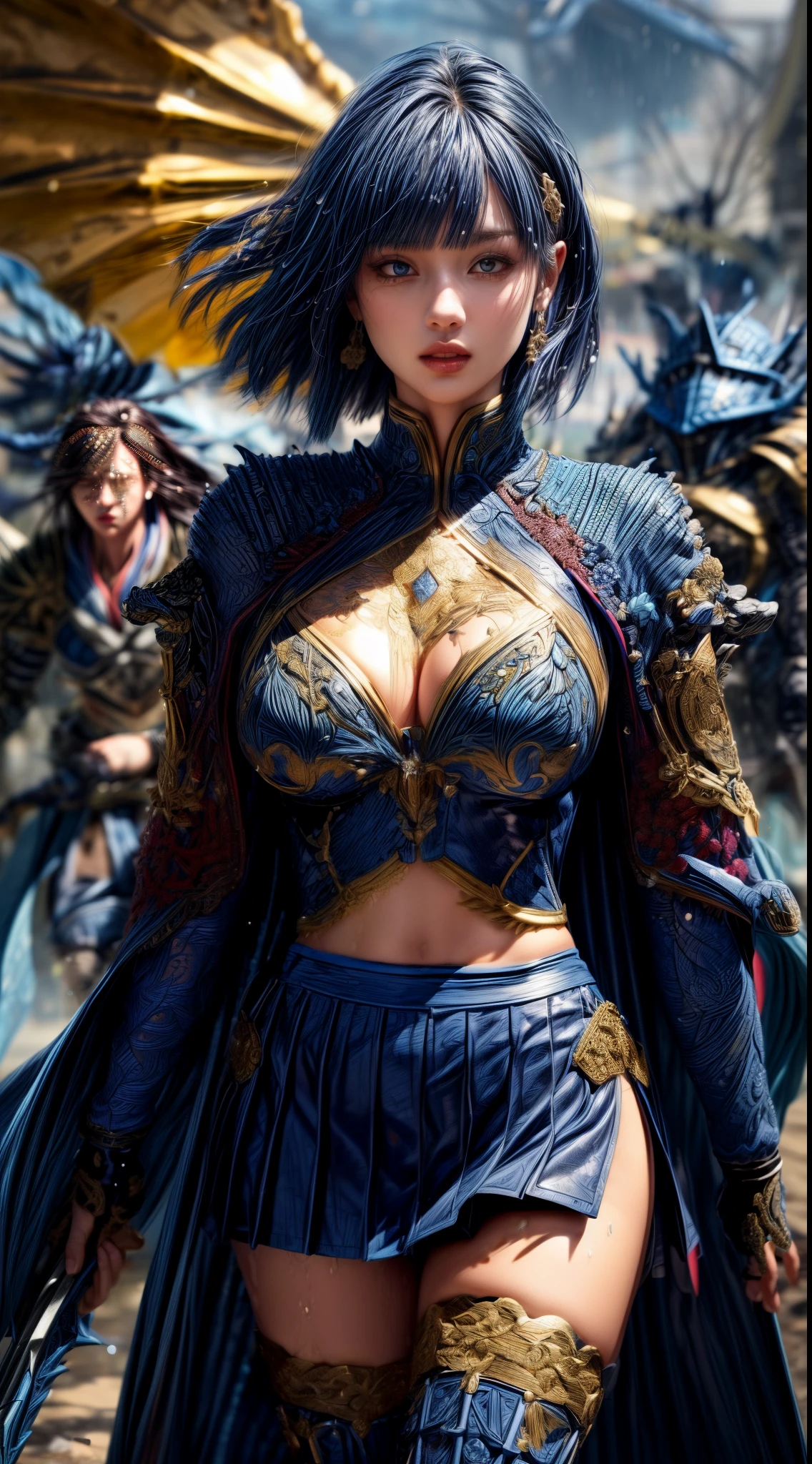 Very beautiful woman、Slender women、(Detailed face)、Realistic Skin、((Water Knight)), ((Navy Blue Armor))、((((Dark blue armor with very intricate and detailed decoration:1.5))))、((Delicate photo)),(Girl Astepeace RAW Photo Details:1.25), (highest quality:1.6), (超A high resolution:1.5), (Realistic:1.75), 8K resolution, Canon EOS R5, 50mm, Absurd, Ultra-detailed,Cinema Lighting,((battlefield))、((battle))、(((Navy Skirt with Embellishments)))、Thigh-high socks、Shin Guards、((Dark blue hair))、((Bowl cut hairstyle with bangs))、(Six-pack)、、Cape、Beautiful Armor、(((Has a huge weapon)))、(In combat)、The wind is blowing、((Symmetrical Armor))、((((Splash:1.1))))、(((Leading a large group of blue knights:1.2)))、Banner、Armor with a dragon motif、(((Battle Scene)))、(((Blue Dragon)))