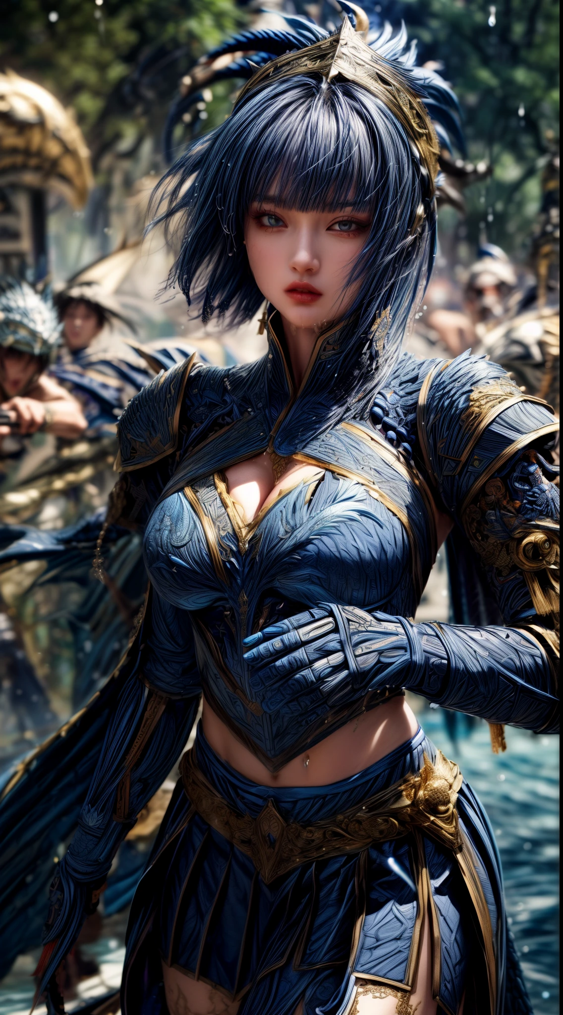 Very beautiful woman、Slender women、(Detailed face)、Realistic Skin、((Water Knight)), ((Navy Blue Armor))、((((Dark blue armor with very intricate and detailed decoration:1.5))))、((Delicate photo))，(Girl Astepeace RAW Photo Details:1.25), (highest quality:1.6), (超A high resolution:1.5), (Realistic:1.75), 8K resolution, Canon EOS R5, 50mm, Absurd, Ultra-detailed,Cinema Lighting,((battlefield))、((battle))、(((White skirt with embellishments)))、Thigh-high socks、Shin Guards、((Light blue hair))、((Bowl cut hairstyle with bangs))、(Six-pack:1.1)、Cape、Beautiful Armor、(((Has a huge weapon)))、(In combat)、The wind is blowing、((Symmetrical Armor))、((((Splash:1.1))))、(((Leading a large group of blue knights:1.2)))、Banner、(Armor with a dragon motif)、(((Battle Scene)))、(((Blue Dragon)))