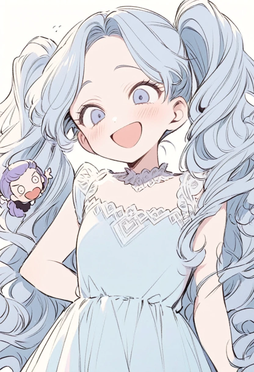 Light blue vertically curled hair、A hairstyle where the bangs are all in twin tails、Pompadour、Fair skin、Slanted Eyes、Wearing a light blue dress、a loud laugh face、Villainous Daughter、Single illustration