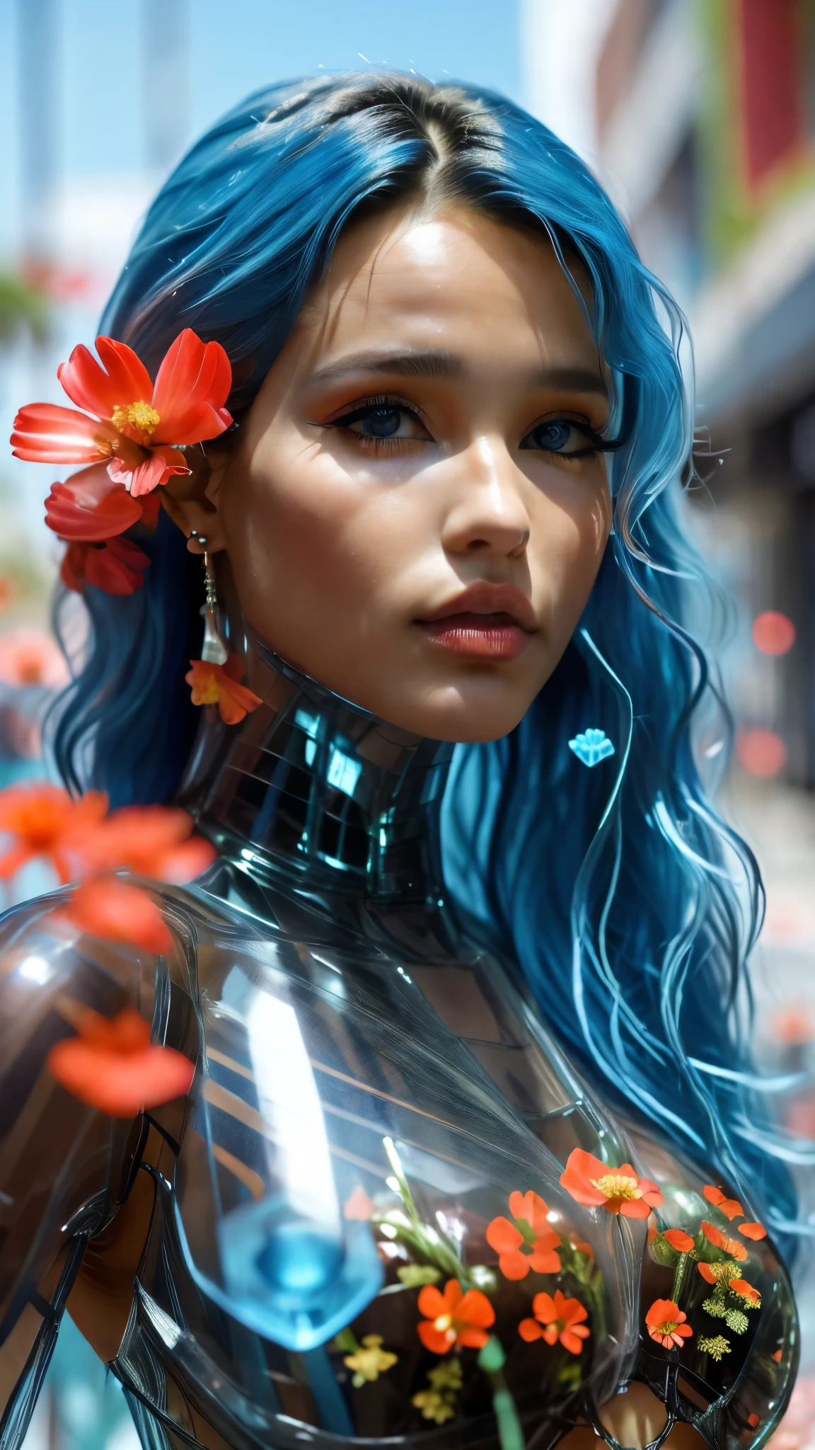 (La mejor calidad,A high resolution,Ultra - detallado,actual),Ariana Grande cuerpo transparente que lleva flores , (usa ropa de calle cyberpunk:1.4) , (cuerpo transparente vidrio un flor cyberpunk:1.4) ) , (with blue neon transparency :1.4) , uso de cyberpunk,(de Russell Dongjun Lu:1.4) , estilo cyberpunk, (  de vidrio cuerpo transparente :1.4), ,(Fondo de ruinas de mazmorra en ruinas:1.4 ), More detailed 8K.motor irreal:1.4,UHD,La mejor calidad:1.4, fotorrealista:1.4, textura de la piel:1.4, obra maestra:1.8,obra-prima, mejor calidad,objeto Objeto], (detailed face features:1.3),(Las proporciones correctas),(Ojos hermosos azules:1.4 ),  (pose vaquero),( cerebro transparente :1.4), (cuerpo transparente :1.4), (The girl ate the flowers:1.4),(The girl ate the flowers V2.1), (perfect anatomy :1.4),( cinematic lighting),( Cinematic V2.1), (cuerpo transparente plastic :1.4), score_9, score_8_up, score_7_up, score_6_up, rating_explicit, 1girl, ((18YO:1.2)), Adult, full lips, big clear eyes, ((blue hair:1)), (long wavy hair: 1.2),