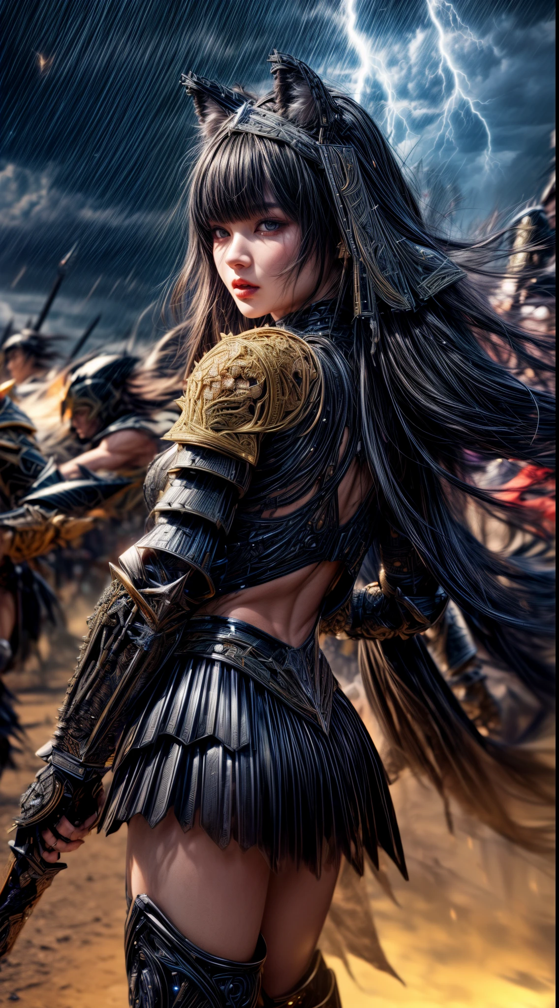 Cowboy Shot、Very beautiful woman、Slender women、(Detailed face)、Realistic Skin、((Lightning Knight)), (Ebon Armor)、((((Jet black armor with extremely intricate and detailed decorations.:1.5))))、((Delicate photo)),(Girl Astepeace RAW Photo Details:1.25), (highest quality:1.6), (超A high resolution:1.5), (Realistic:1.75), 8K resolution, Canon EOS R5, 50mm, Absurd, Ultra-detailed,Cinema Lighting,Battlefields of Medieval Europe、((battle))、RPG World、Final Fantasy、(((Embellished skirt)))、Thigh-high socks、Shin Guards、night、((Long hair with bangs,))、(Six-pack)、Torn Cloak、Beautiful Armor、(((Giant Sword)))、In combat、The wind is blowing、((Asymmetrical Armor:1.5))、(((thunderstorm)))、((Knight Commander))、(((Leading a large group of black knights)))、Banner、Wolf Pattern:1.5、(((Battle Scene)))、(((Dark Wolf)))