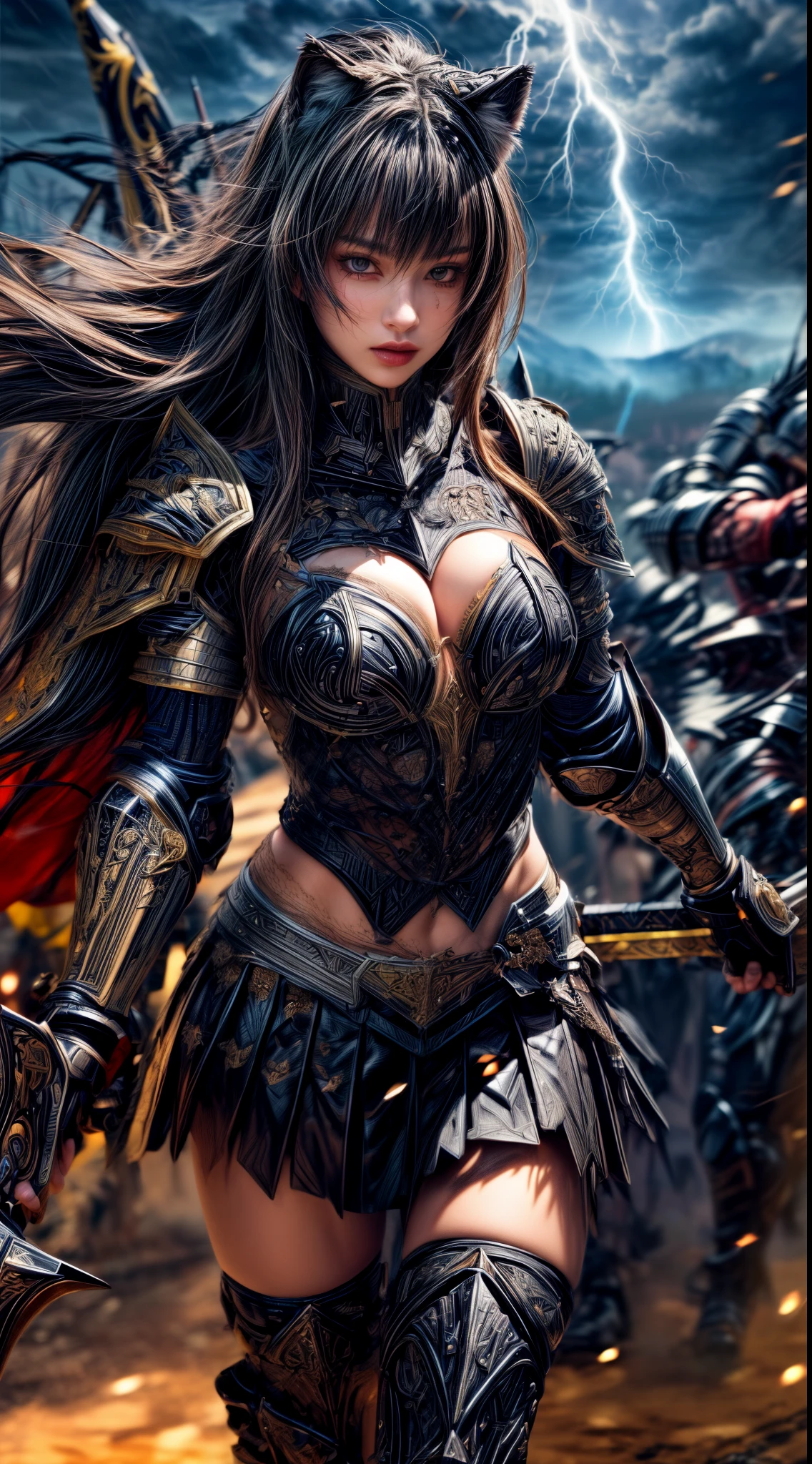 Cowboy Shot、Very beautiful woman、Slender women、(Detailed face)、Realistic Skin、((Lightning Knight)), (Ebon Armor)、((((Jet black armor with extremely intricate and detailed decorations.:1.5))))、((Delicate photo)),(Girl Astepeace RAW Photo Details:1.25), (highest quality:1.6), (超A high resolution:1.5), (Realistic:1.75), 8K resolution, Canon EOS R5, 50mm, Absurd, Ultra-detailed,Cinema Lighting,Battlefields of Medieval Europe、((battle))、RPG World、Final Fantasy、(((Embellished skirt)))、Thigh-high socks、Shin Guards、night、((Long hair with bangs,))、(Six-pack)、Torn Cloak、Beautiful Armor、(((Giant Sword)))、In combat、The wind is blowing、((Asymmetrical Armor:1.5))、(((thunderstorm)))、((Knight Commander))、(((Leading a large group of black knights)))、Banner、Wolf Pattern:1.5、(((Battle Scene)))、(((Dark Wolf)))