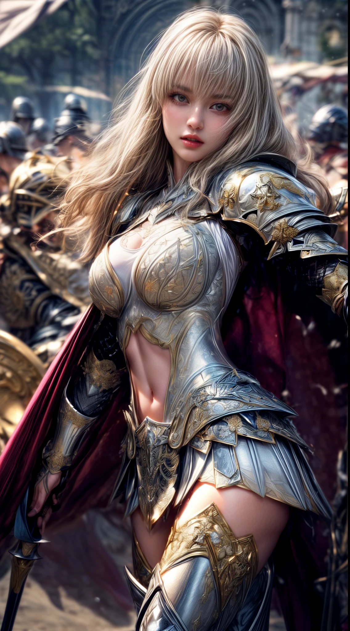Very beautiful woman、Slender women、(Detailed face)、Realistic Skin、((holy knight)), ((Pearl White Armor))、((((White armor with very delicate and delicate decorations:1.5))))、((Delicate photo)),(Girl Astepeace RAW Photo Details:1.25), (highest quality:1.6), (超A high resolution:1.5), (Realistic:1.75), 8K resolution, Canon EOS R5, 50mm, Absurd, Ultra-detailed,Cinema Lighting,((battlefield))、((battle))、(((White skirt with embellishments)))、Thigh-high socks、Shin Guards、((Blonde))、((Curly Hair))、((Drill Hair))、((Wavy short hair with bangs,))、(I can see your ripped abs)、Cape、Beautiful Armor、(((Has a huge weapon)))、(In combat)、((Symmetrical Armor))、((((Light shines in))))、(((Leading a large group of knights:1.2)))、Banner、Mark of the Goddess、(((Battle Scene)))、(((White light snake)))