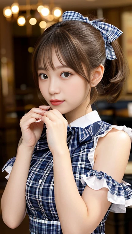 (smile)、(Masseter muscle part、highest quality、Mysterious、Beautiful and cute、perfect human body balance、official art:1.2)、(1 girl:1.3)、(big breasts:1.2)、shiny skin、pattern、(Plaid lolita dress with detailed ruffles:1.2)、(In front of the cafe:1.3)、(Tie a high ponytail with a thin ribbon:1.3)、(masterpiece portrait)、Japanese、16 years old、brown eyes)、exotic wallpaper、Very chic、abstract background、Fantastic