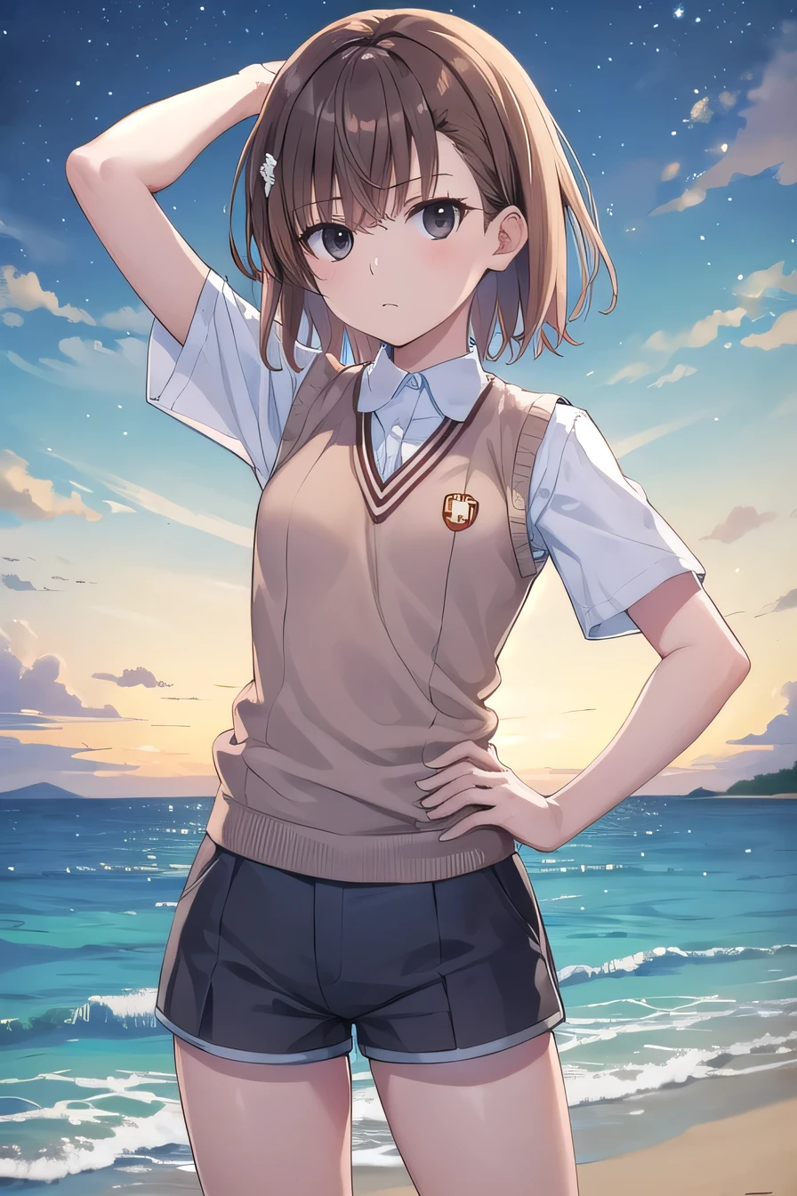 short hair, brown hair, black eyes, empty eyes, sweater vest, shirt, shorts, white shirt, pleated shorts, v-neck, short sleeves, tokiwadai , misaka imouto, solo, night sky, beach, arm behind head, hand on hip, contrapposto, spread armpits, closed mouth, (cowboy shot:1.5), looking at viewer, best quality,