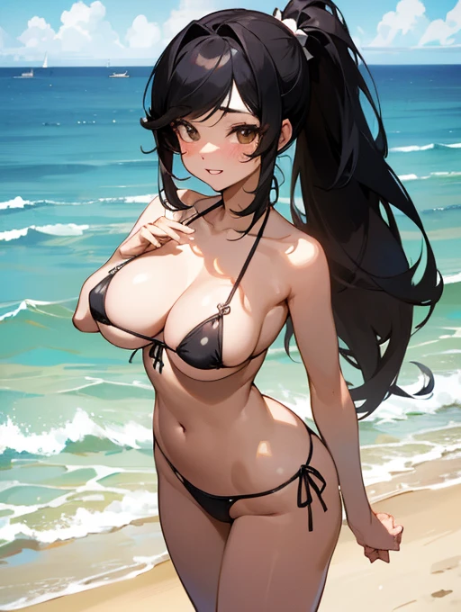 ((masterpiece)), ((best quality)), (ultra-detailed), ((kawaii)), cute, (lovely), ((sexy)), (ero), ((extremely detailed)), 4K, (8K), best quality, (beautiful), in the middle, beach, daytime, summer, a pretty woman, solo, micro-bikini, beautiful black hair, beautiful brown eyes, ((beautiful eyes)), white-skinned, long ponytail,swept bangs, large breast, smile,parted lips,standing