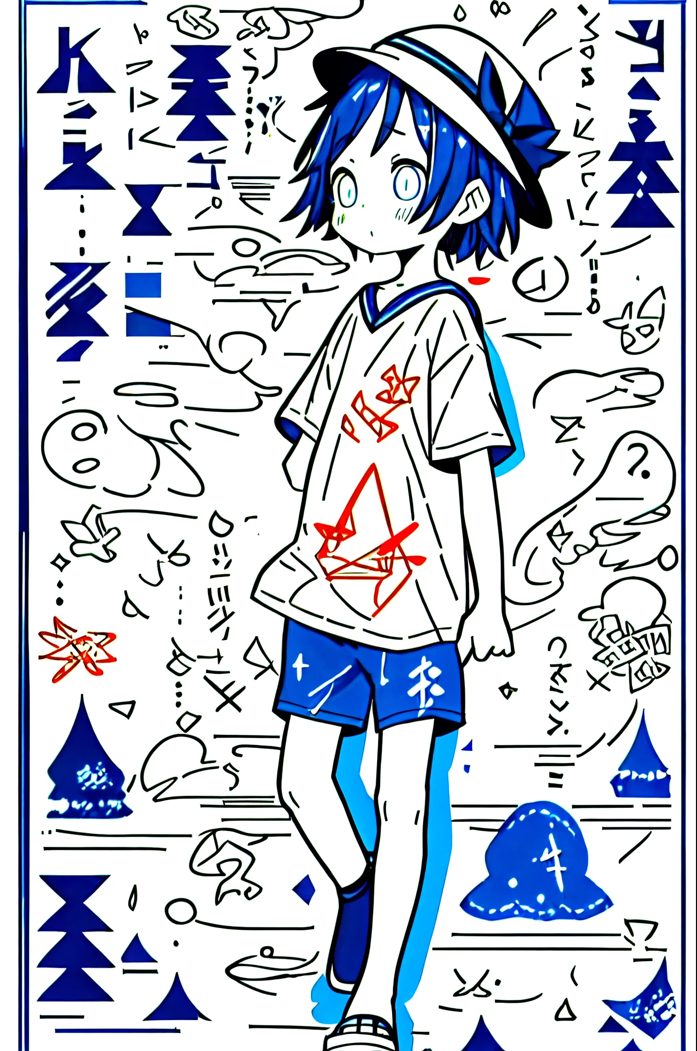boy、low length、、Indigo Hair、Short sleeve、Boater hat and shorts、Cool color coordination、Glitter eyes、Back view、Seaside、Walking on the sand、Putting your hand on your hat