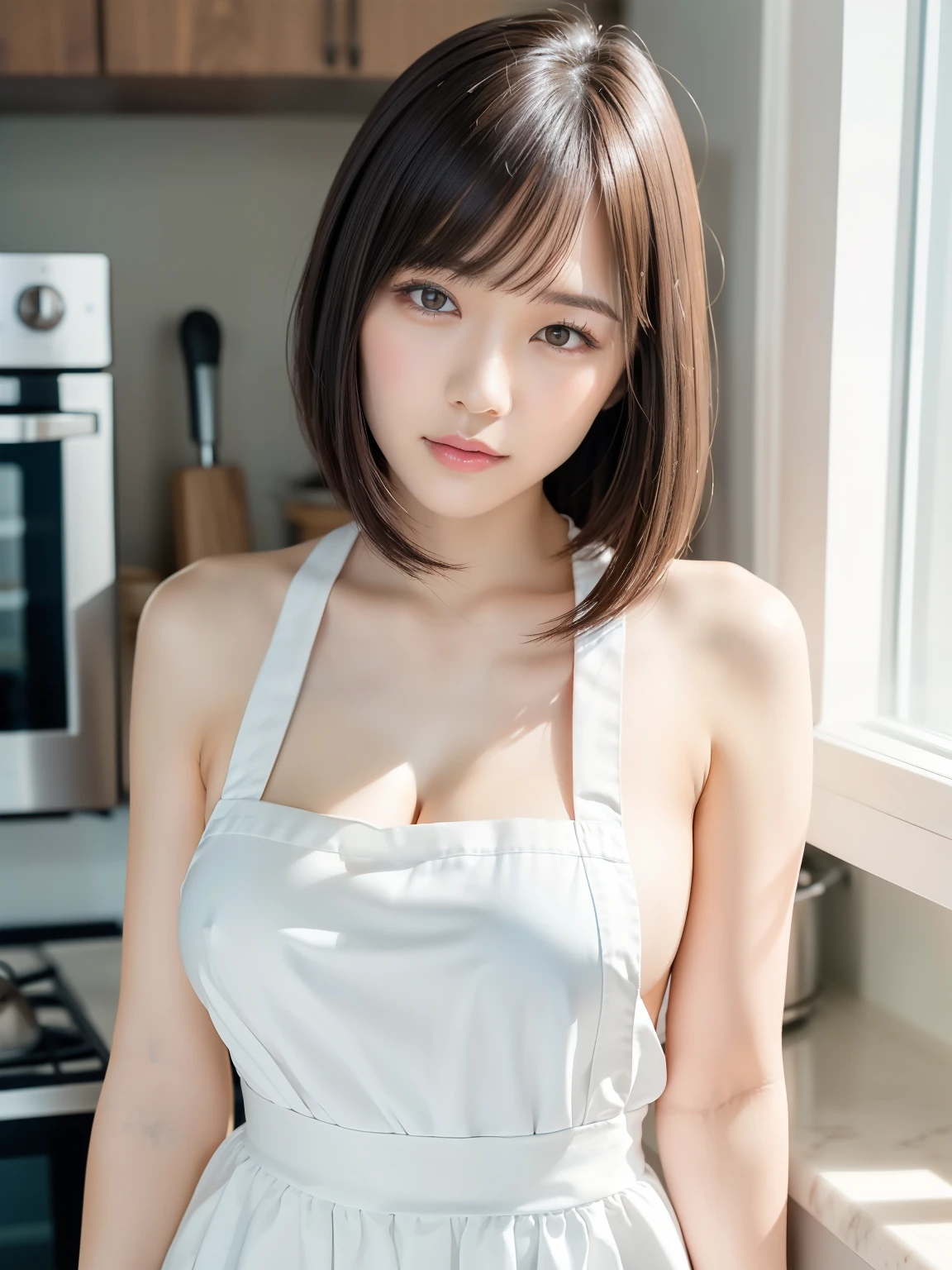 (Best quality: 1.5), (Real: 1.5), (1 person: 1.5), Medium shot, (Highly detailed), (High resolution), 8k, Medium breasts, Natural colored lips, Japanese woman, 24 old girl, thin eyebrows, beautiful and graceful features, cute face, arched thin eyebrows, (large, balanced eyes), big eyes, fair skin, beautiful and graceful features, natural bangs, beautiful and thin nose, beautiful skin , medium bob hair, natural bangs, perfect and beautiful facial features, slim face and figure, (bright lighting), professional lighting, (frontal lighting), beautiful cleavage, 1 girl, cute and sexy 24 old woman, slim Japanese woman, fair skin, (sexy look), (medium chest), In the kitchen, Wearing a naked apron, (NAKED Apron), White Apron, Modern Apron,