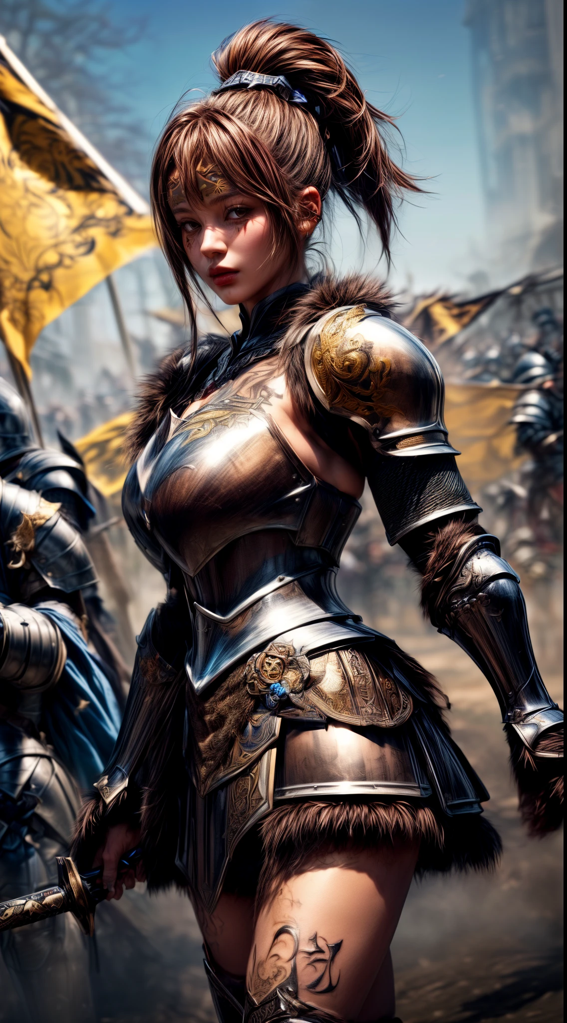 Very beautiful woman、Very tall woman、((muscle))、(Detailed face)、Realistic Skin、((Knights of the Earth)), (((Light brown and black armor:1.25)))、((((Very detailed and decorated light brown armor:1.5))))、((Delicate photo)),(Girl Astepeace RAW Photo Details:1.25), (highest quality:1.6), (超A high resolution:1.5), (Realistic:1.75), 8K resolution, Canon EOS R5, 50mm, Absurd, Ultra-detailed,Cinema Lighting,Battlefields of Medieval Europe、((battle))、RPG World、Final Fantasy、(((Embellished skirt)))、Thigh-high socks、Shin Guards、night、((((Messy center parted high ponytail))))、(((Six-pack)))、Torn Cloak、((Beautiful Armor))、(((Huge weapons)))、In combat、The wind is blowing、(((Leading a large group of knights:1.3)))、(((Knight Commander)))、(Banner)、Great Ape Emblem、(((Light brown as the main color)))、(((black tribal tattoo)))、Dust、(((fur:1.2)))、(Rocky area)、(((Battle Scene)))、((nsfw))