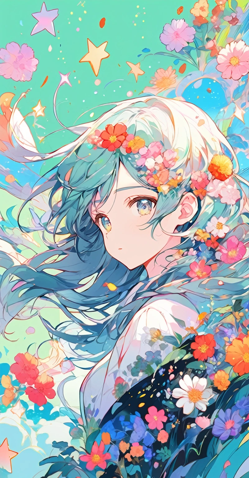 Flowers in hair、Anime girl with green background, Anime Style 4k, Official artwork, Dreamy psychedelic anime, anime abstract art, Beautiful anime artwork, Anime Moe Art Style, Anime Graphic Illustration, anime art wallpaper 4k, anime art wallpaper 4k, Beautiful anime art, Official Anime Artwork, Digital anime art!!, UFOTABLE art style,whole body,Background with lots of shooting stars,