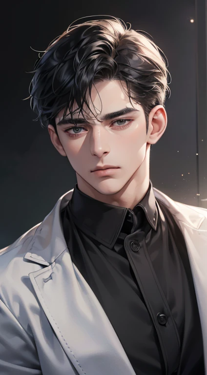 (best quality, masterpiece, 8K, photorealistic, cinematic lighting, 1:4 hdr image, ultra detailed, beautiful image), a mature man, very handsome, ((cold expression)), short black hair, black eyes, face perfect without mistakes, ((buttoning his jacket, CEO))