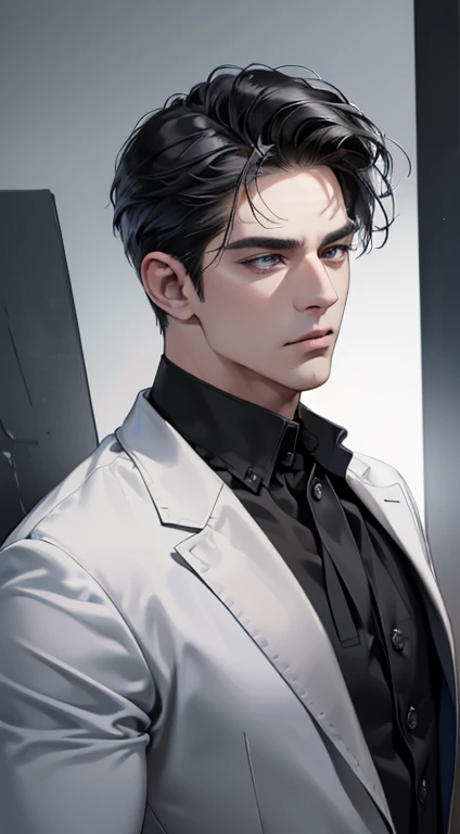(best quality, masterpiece, 8K, photorealistic, cinematic lighting, 1:4 hdr image, ultra detailed, beautiful image), a mature man, very handsome, ((cold expression)), short black hair, black eyes, face perfect without mistakes, ((buttoning his jacket, CEO))