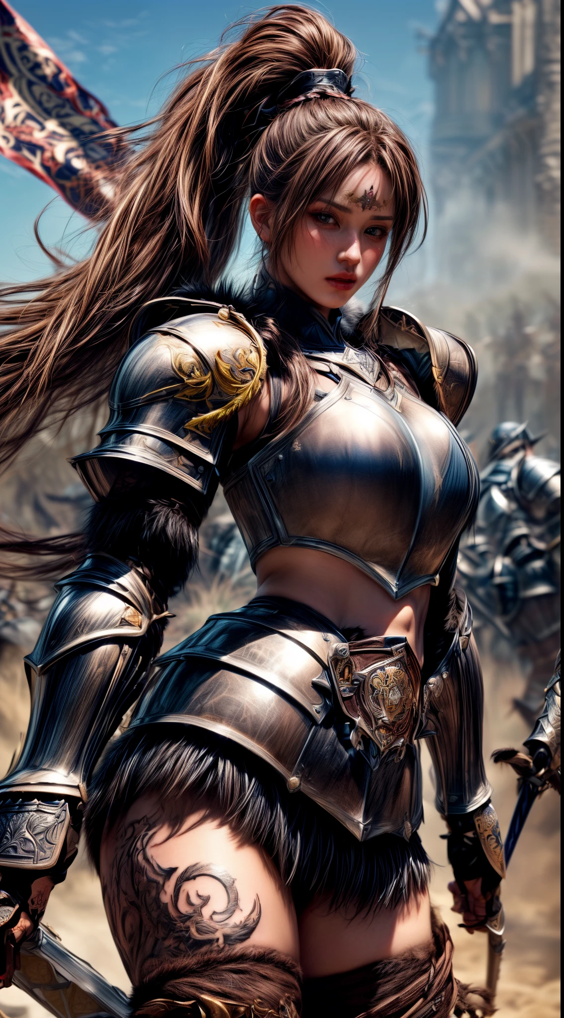 Very beautiful woman、Very tall woman、((muscle))、(Detailed face)、Realistic Skin、((Knights of the Earth)), (((Light brown and black armor:1.25)))、((((Very detailed and decorated dark brown armor.:1.5))))、((Delicate photo))，(Girl Astepeace RAW Photo Details:1.25), (highest quality:1.6), (超A high resolution:1.5), (Realistic:1.75), 8K resolution, Canon EOS R5, 50mm, Absurd, Ultra-detailed,Cinema Lighting,Battlefields of Medieval Europe、((battle))、RPG World、Final Fantasy、(((Embellished skirt)))、Thigh-high socks、Shin Guards、night、((((Messy center parted high ponytail))))、(((Six-pack)))、Torn Cloak、((Beautiful Armor))、(((Huge weapons)))、In combat、The wind is blowing、(((Leading a large group of knights:1.3)))、(((Knight Commander)))、(Banner)、Great Ape Emblem、(((Light brown as the main color)))、(((black tribal tattoo)))、Dust、(((fur:1.2)))、(Rocky area)、(((Battle Scene)))、((nsfw))、(((Brown big monkey)))