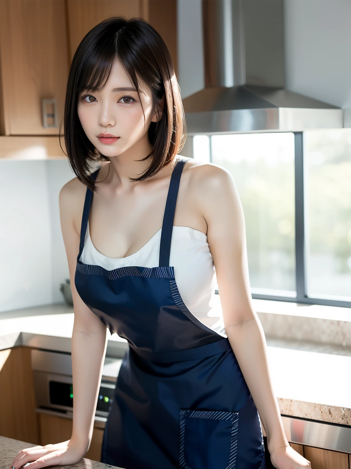 (Best quality: 1.5), (Real: 1.5), (1 person: 1.5), Medium shot, (Highly detailed), (High resolution), 8k, Medium breasts, Natural colored lips, Japanese woman, 24 old girl, thin eyebrows, beautiful and graceful features, cute face, arched thin eyebrows, (large, balanced eyes), big eyes, fair skin, beautiful and graceful features, natural bangs, beautiful and thin nose, beautiful skin , medium bob hair, natural bangs, perfect and beautiful facial features, slim face and figure, (bright lighting), professional lighting, (frontal lighting), beautiful cleavage, 1 girl, cute and sexy 24 old woman, slim Japanese woman, fair skin, (sexy look), (medium chest), In the kitchen, Wearing a naked apron, (NAKED Apron), White Apron, Modern Apron, stand leaning against the kitchen