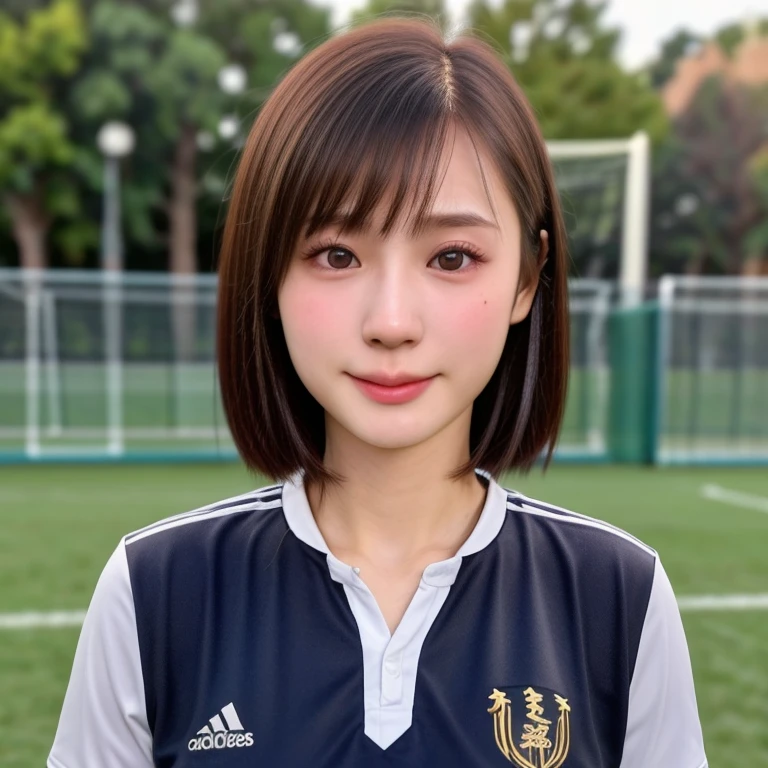 (kawaii 24 year-old Japanese girl, Nogizaka idol, Korean idol, soccer player), healthy female athlete body, (glossy black hair, very short hair, bangs:1.3), beautiful black eyes, rounded face, single eyelid, (no makeup:1.2), (soft smiling:1.2), (soccer uniform:1.3), extra small breasts, BREAK, (park background, summer daytime:1.2), (dynamic angle, bust shot:1.2), BREAK, (masterpiece, best quality, photo realistic, official art:1.4), (UHD, 8K quality wallpaper, high resolution, raw photo, golden ratio:1.3), (shiny skin), professional lighting, physically based rendering, award winning, (highly detailed skin texture, extremely detailed face and eyes textures), Carl Zeiss 85 mm F/1.4, depth of field, (1girl, solo),