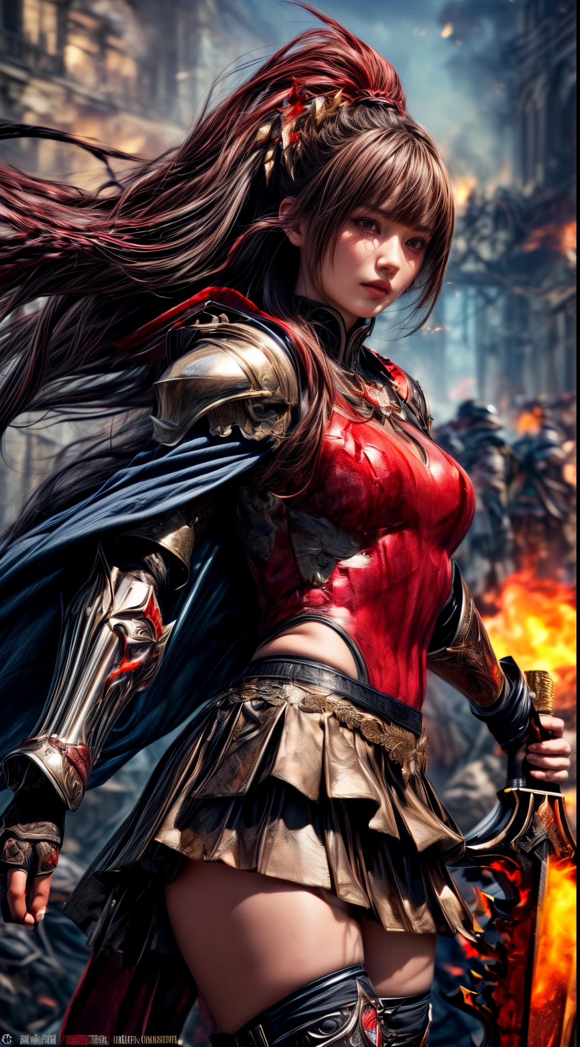 Very beautiful woman、Slender women、(Detailed face)、Realistic Skin、((Knight of Fire)), (((Crimson armor:1.25)))、((((非常に繊細で繊細な装飾が施されたCrimson armor:1.5))))、((Delicate photo))，(Girl Astepeace RAW Photo Details:1.25), (highest quality:1.6), (超A high resolution:1.5), (Realistic:1.75), 8K resolution, Canon EOS R5, 50mm, Absurd, Ultra-detailed,Cinema Lighting,Battlefields of Medieval Europe、((battle))、RPG World、Final Fantasy、(((Embellished skirt)))、Thigh-high socks、Shin Guards、night、((too long bangs))、((One long thick dark red hair braid))、(Six-pack)、Torn Cloak、Beautiful Armor、(((Giant Sword)))、In combat、The wind is blowing、(((Inferno filling the entire area)))、(((Leading a large group of red knights)))、(((Knight Commander)))、Armor with a Phoenix motif、Old scar on right cheek:1.2、(((Fire blaze)))、(((Intense action scenes)))、(((Crimson Phoenix)))