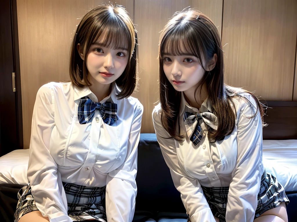 masutepiece、Ultra High Quality、Perfect Anatomy、hight resolution、2 girls in、(Face each other and press chest to chest:1.8)、Shoot from above、(((short-hair)、Beautiful black hair))、(Beautiful eyes、A detailed eye、drooing eyes、Natural eyeedium tits:1.8)、((Beautiful legs、((Closed legs))、(Hands between the legs)、(Chest between arms)))、((School uniform、(Tight white blouse shirt:1.4)、(Plaid miniskirt)、(bowtie)))、hi-school girl、The background is a luxury hotel room))