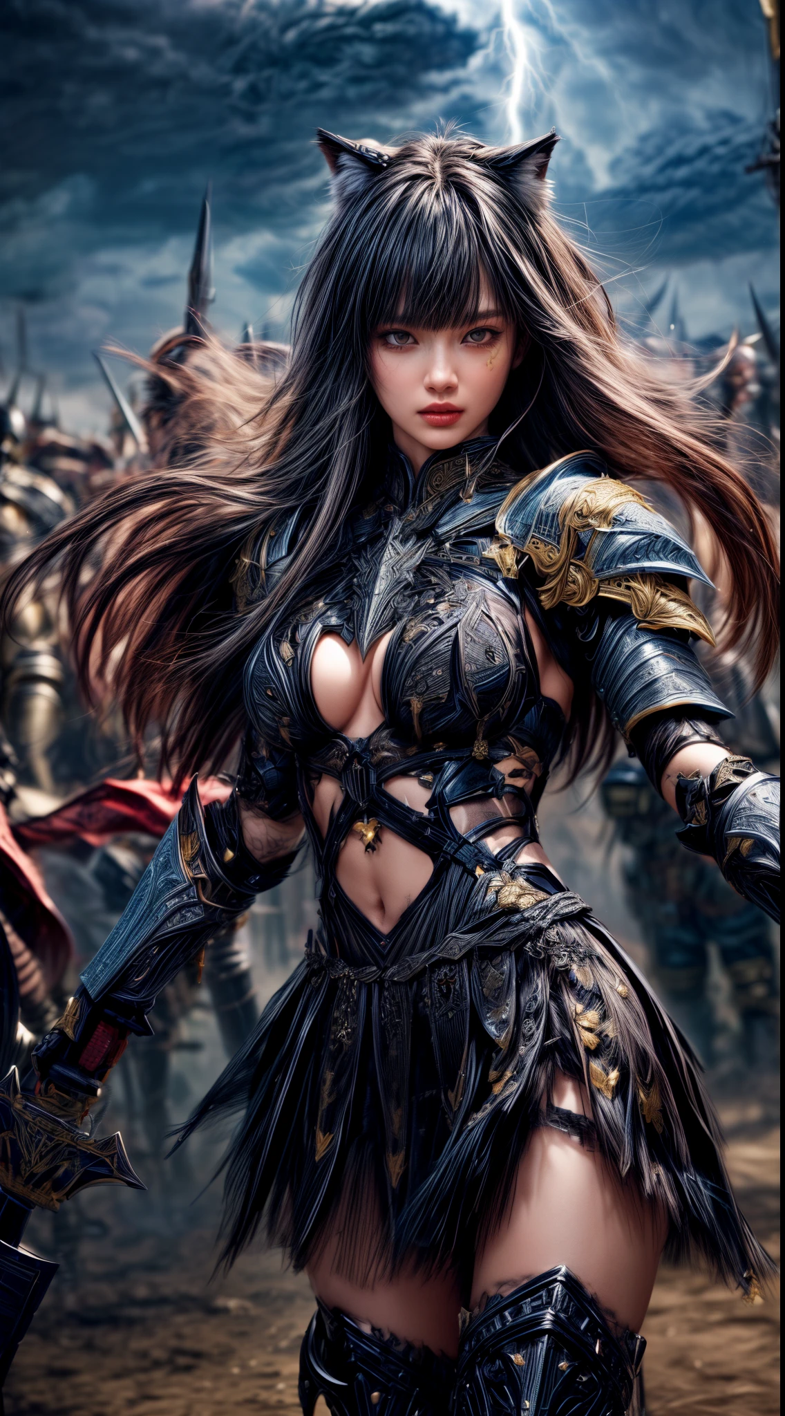 Cowboy Shot、Very beautiful woman、Slender women、(Detailed face)、Realistic Skin、((Lightning Knight)), (Ebon Armor)、((((Jet black armor with extremely intricate and detailed decorations.:1.5))))、((Delicate photo)),(Girl Astepeace RAW Photo Details:1.25), (highest quality:1.6), (超A high resolution:1.5), (Realistic:1.75), 8K resolution, Canon EOS R5, 50mm, Absurd, Ultra-detailed,Cinema Lighting,Battlefields of Medieval Europe、((battle))、RPG World、Final Fantasy、(((Embellished skirt)))、Thigh-high socks、Shin Guards、ht、((Long hair with bangs,))、(Six-pack)、Torn Cloak、Beautiful Armor、(((Giant Sword)))、In combat、The wind is blowing、((Asymmetrical Armor:1.5))、(((thunderstorm)))、((Knight Commander))、(((Leading a large group of black knights)))、Banner、Wolf Pattern:1.5、(((Battle Scene)))、(((Dark Wolf)))