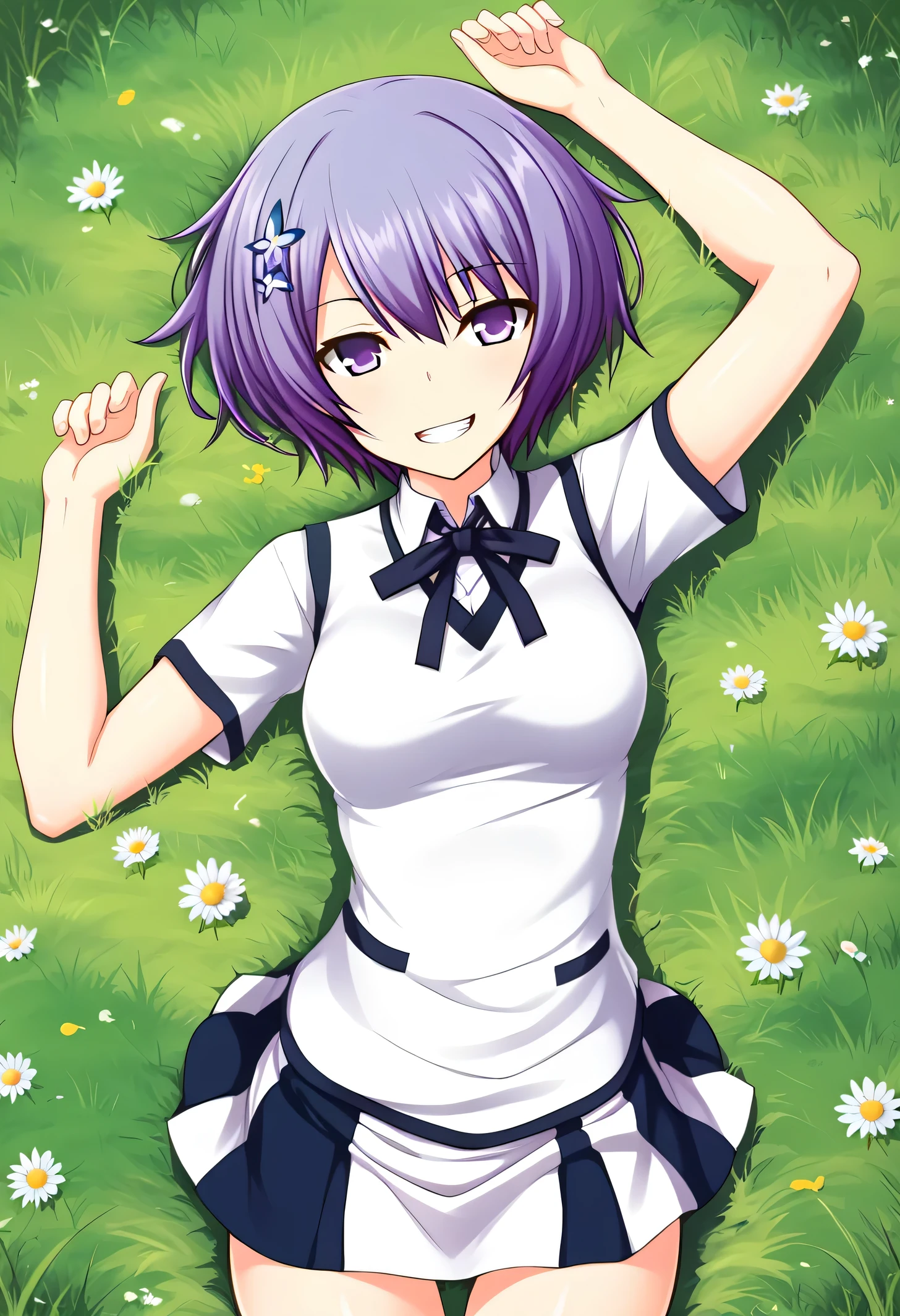 Shiina Miyako, purple hair, short hair, purple eyes, hair ornament, , short sleeves, white sweater vest, white shirt, white skirt, neck ribbon, black ribbon, high quality, looking at viewer, closed mouth, on back, on grass, arms up, spread arms, expressionless, (cowboy shot:1.5), lying, best quality, grin,